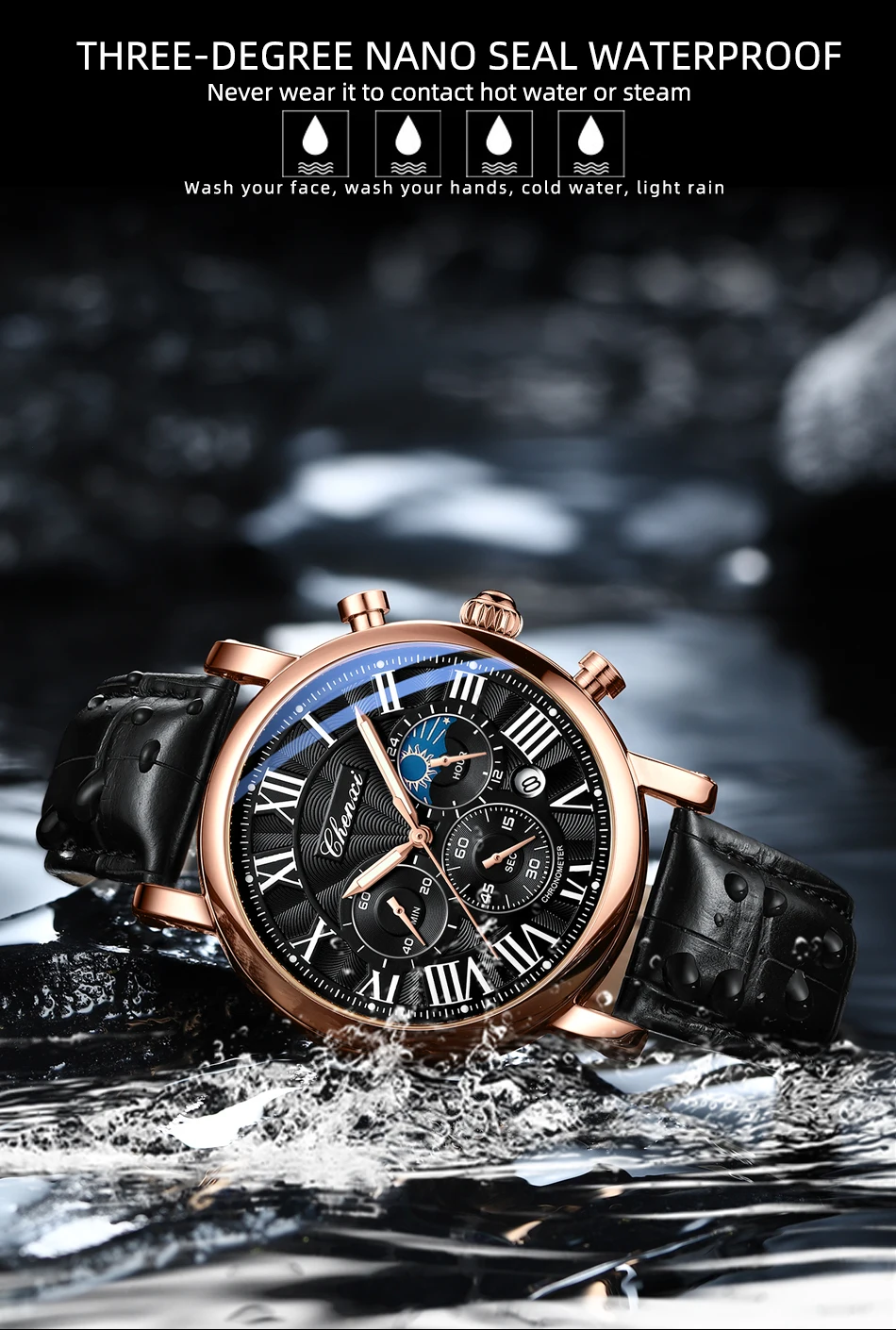 CHENXI 973 Men Quartz Watch Fashion Business Moon Phase Date Multifunctional Chronograph Leather Strap Wristwatch