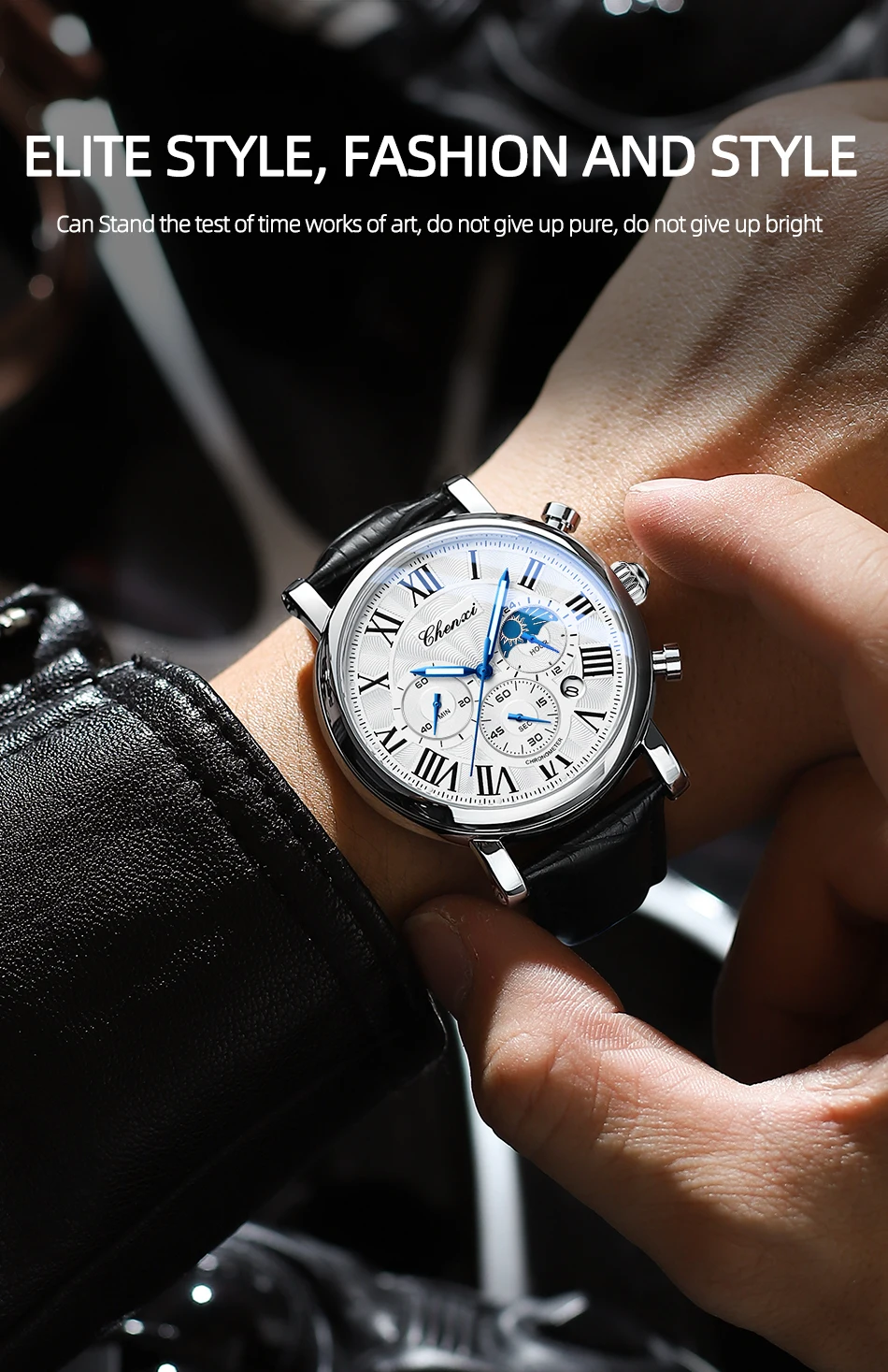CHENXI 973 Men Quartz Watch Fashion Business Moon Phase Date Multifunctional Chronograph Leather Strap Wristwatch