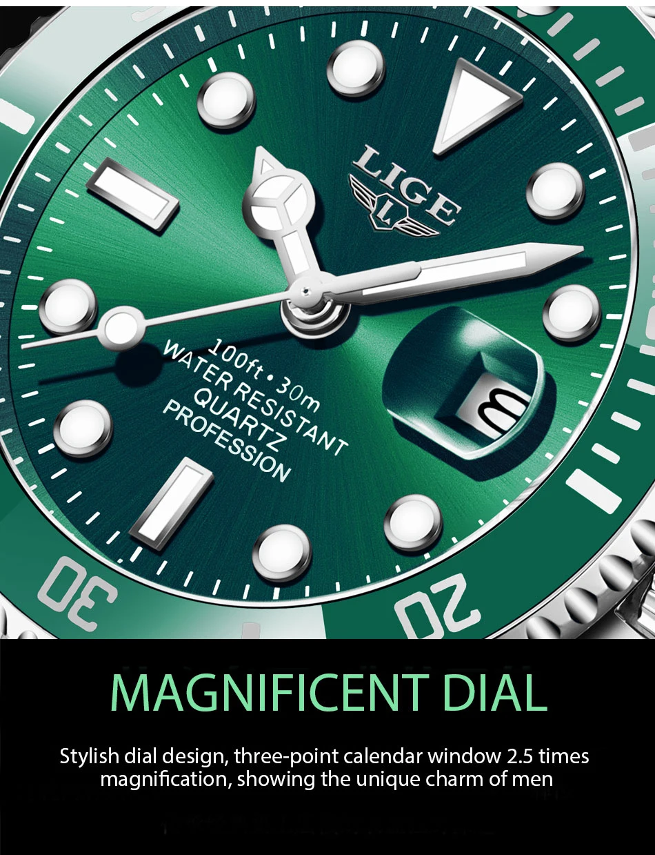 LIGE Top Brand Luxury Fashion Diver Watch Men 30ATM Waterproof Date Clock Sport Watches Mens Quartz Wristwatch Relogio Masculino