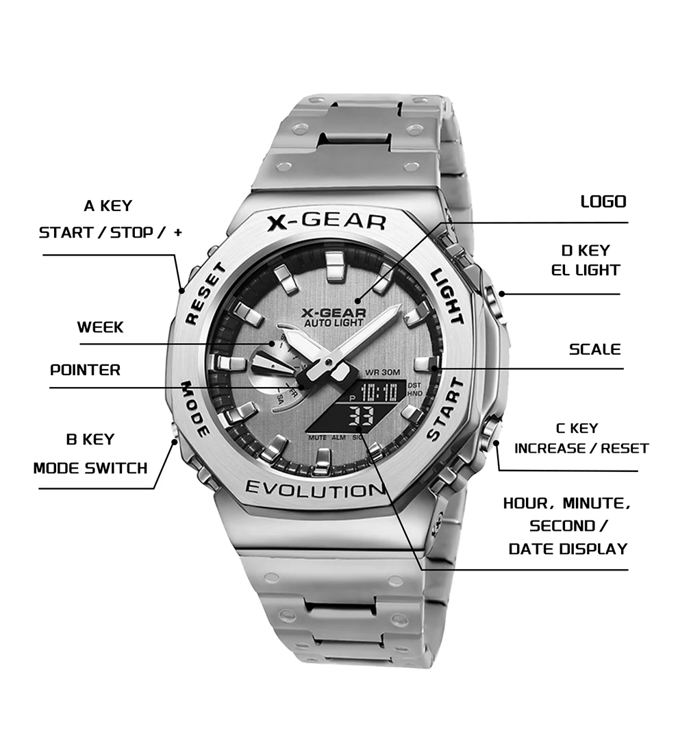 X-GEAR Digital Sports Electronic Unisex Watch Dual Display Full Function LED Alloy Large Time Steel Strap