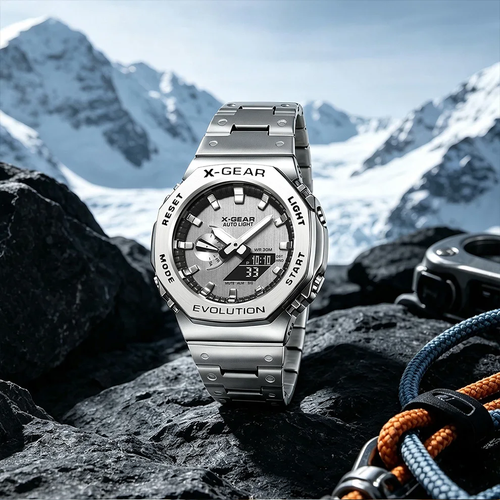 X-GEAR Digital Sports Electronic Unisex Watch Dual Display Full Function LED Alloy Large Time Steel Strap