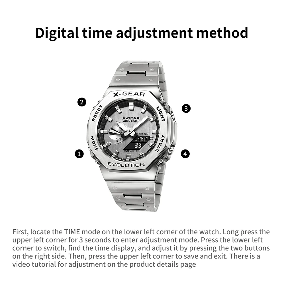 X-GEAR Digital Sports Electronic Unisex Watch Dual Display Full Function LED Alloy Large Time Steel Strap