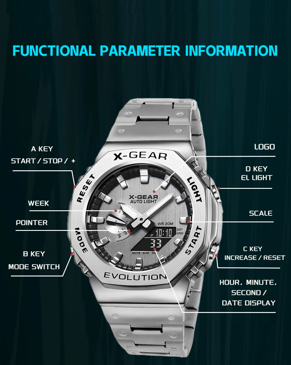 X-GEAR Digital Sports Electronic Unisex Watch Dual Display Full Function LED Alloy Large Time Steel Strap