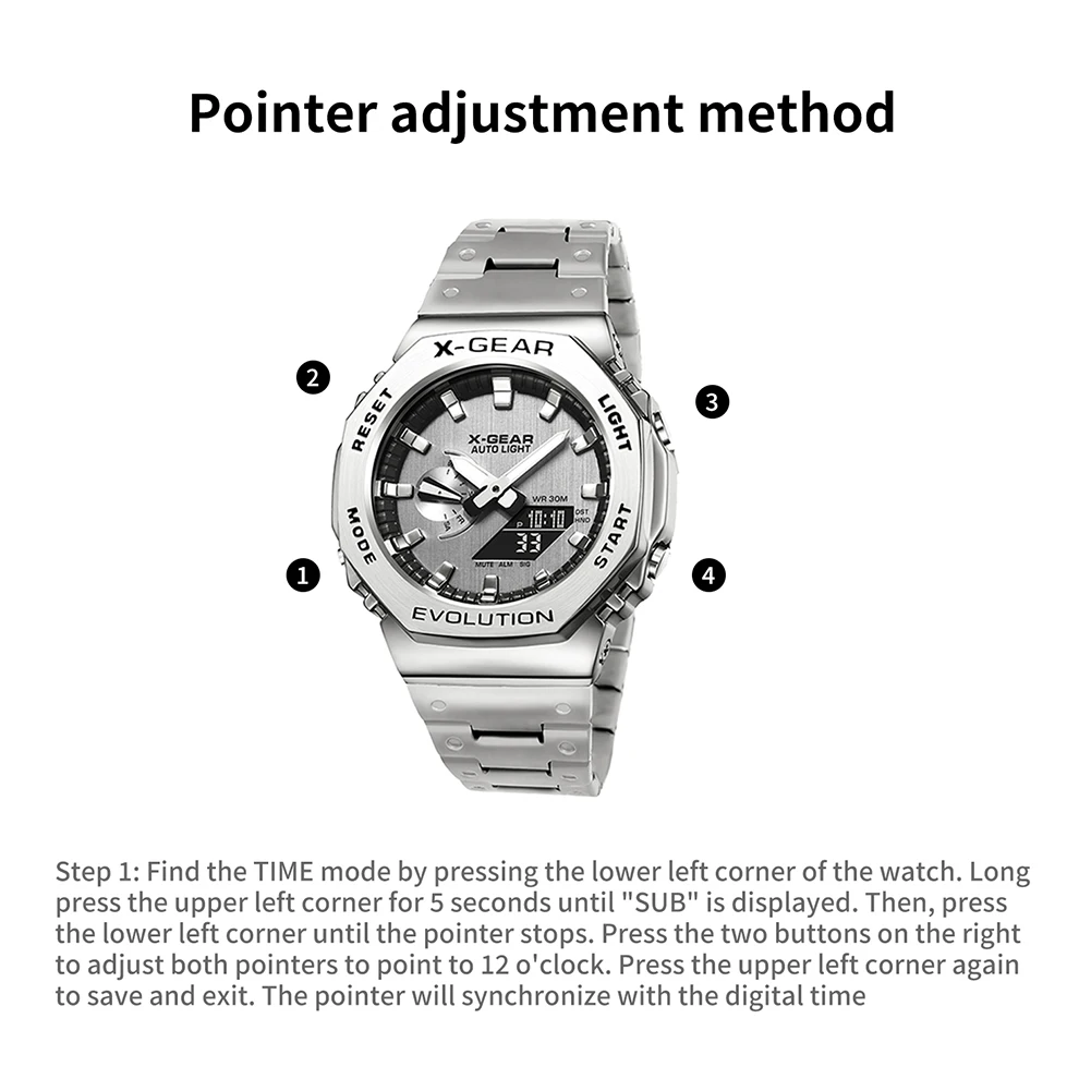 X-GEAR Digital Sports Electronic Unisex Watch Dual Display Full Function LED Alloy Large Time Steel Strap