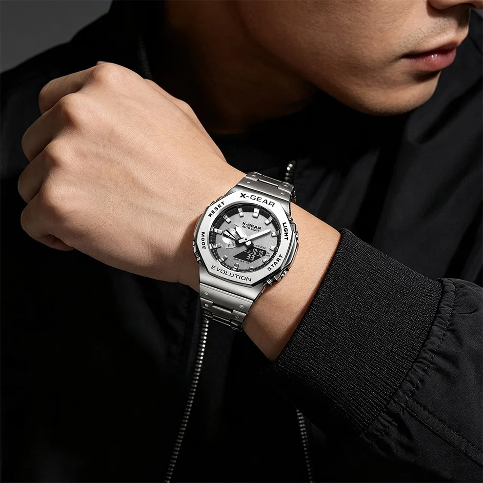 X-GEAR Digital Sports Electronic Unisex Watch Dual Display Full Function LED Alloy Large Time Steel Strap