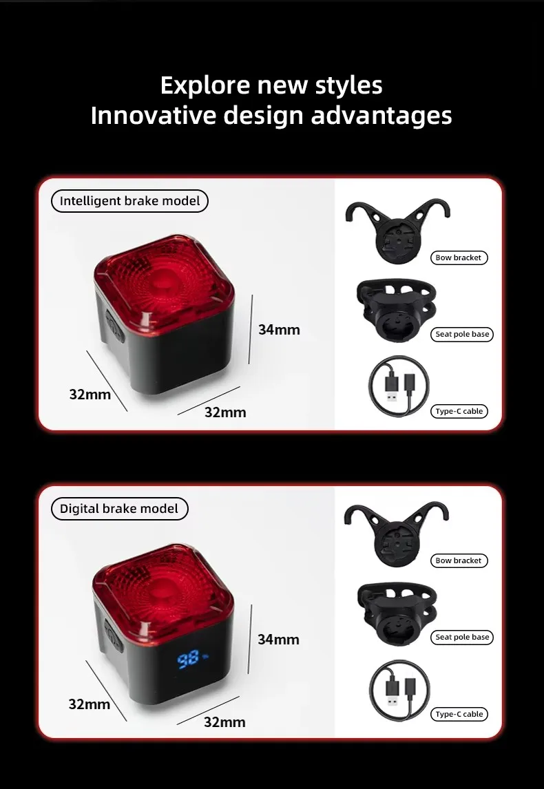 Digital Display Smart Bike Taillight Waterproof Intelligent Sensing Tail Light Cycling Safety Warning Light Bicycle Rear Light