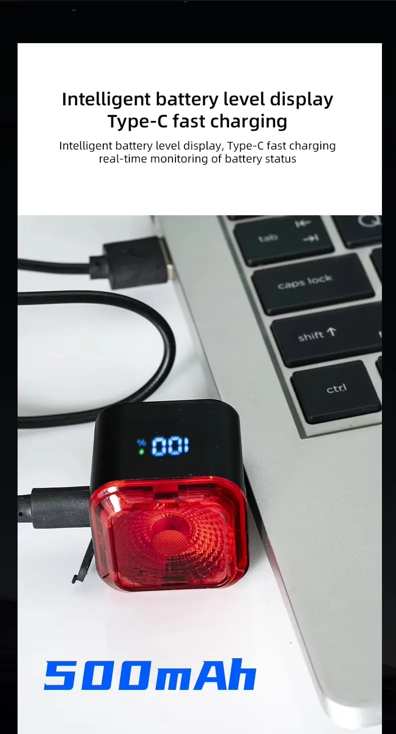 Digital Display Smart Bike Taillight Waterproof Intelligent Sensing Tail Light Cycling Safety Warning Light Bicycle Rear Light