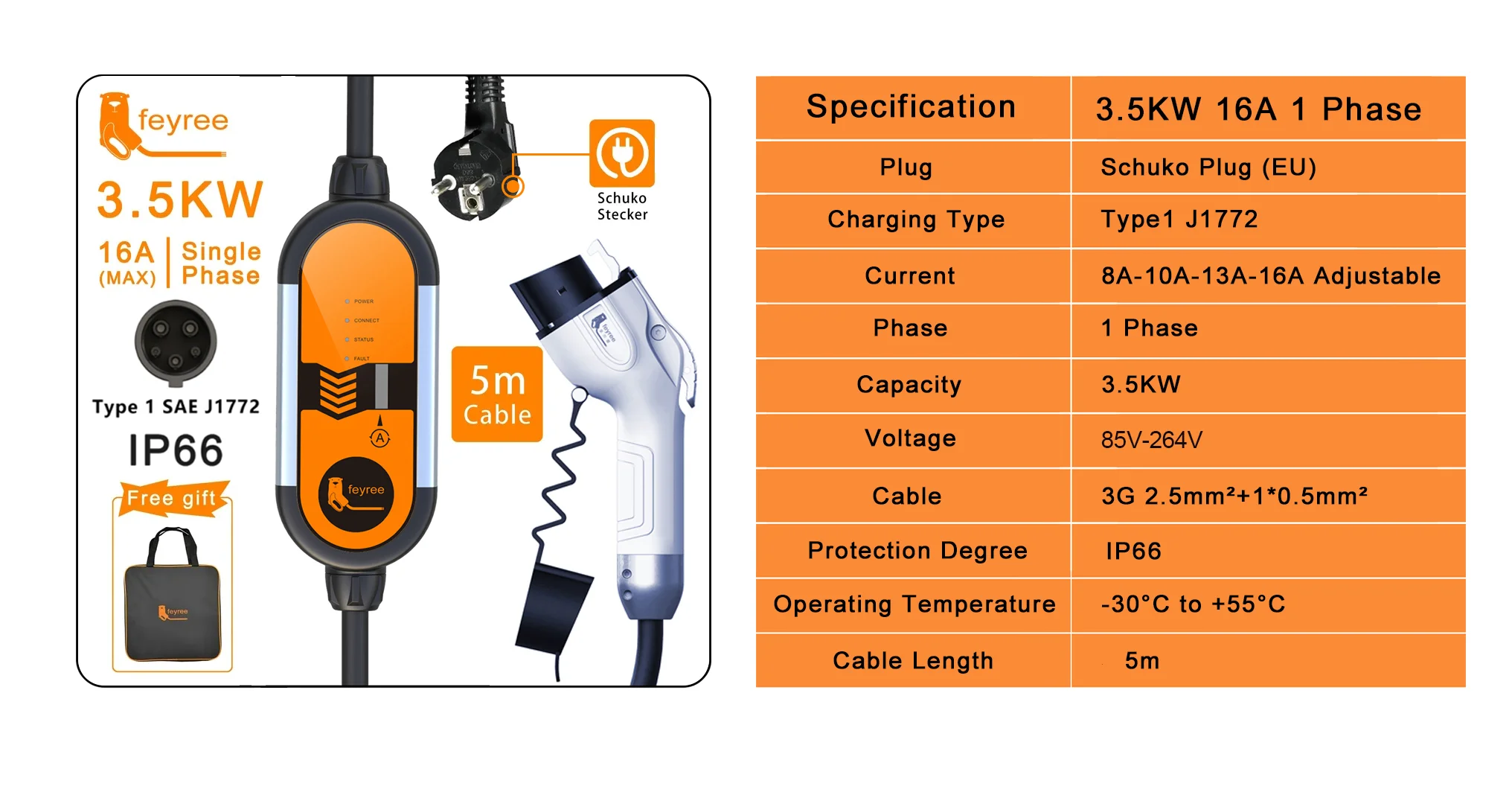 Feyree Type2 16A 3.5KW Portable EV Charger EVSE Charging Cable 5m with Schuko Plug Current Adjustable for Electric Car Charger