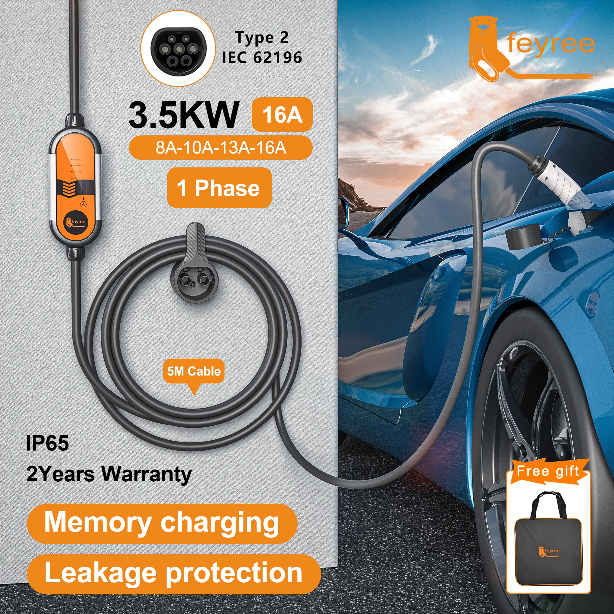 Feyree Type2 16A 3.5KW Portable EV Charger EVSE Charging Cable 5m with Schuko Plug Current Adjustable for Electric Car Charger