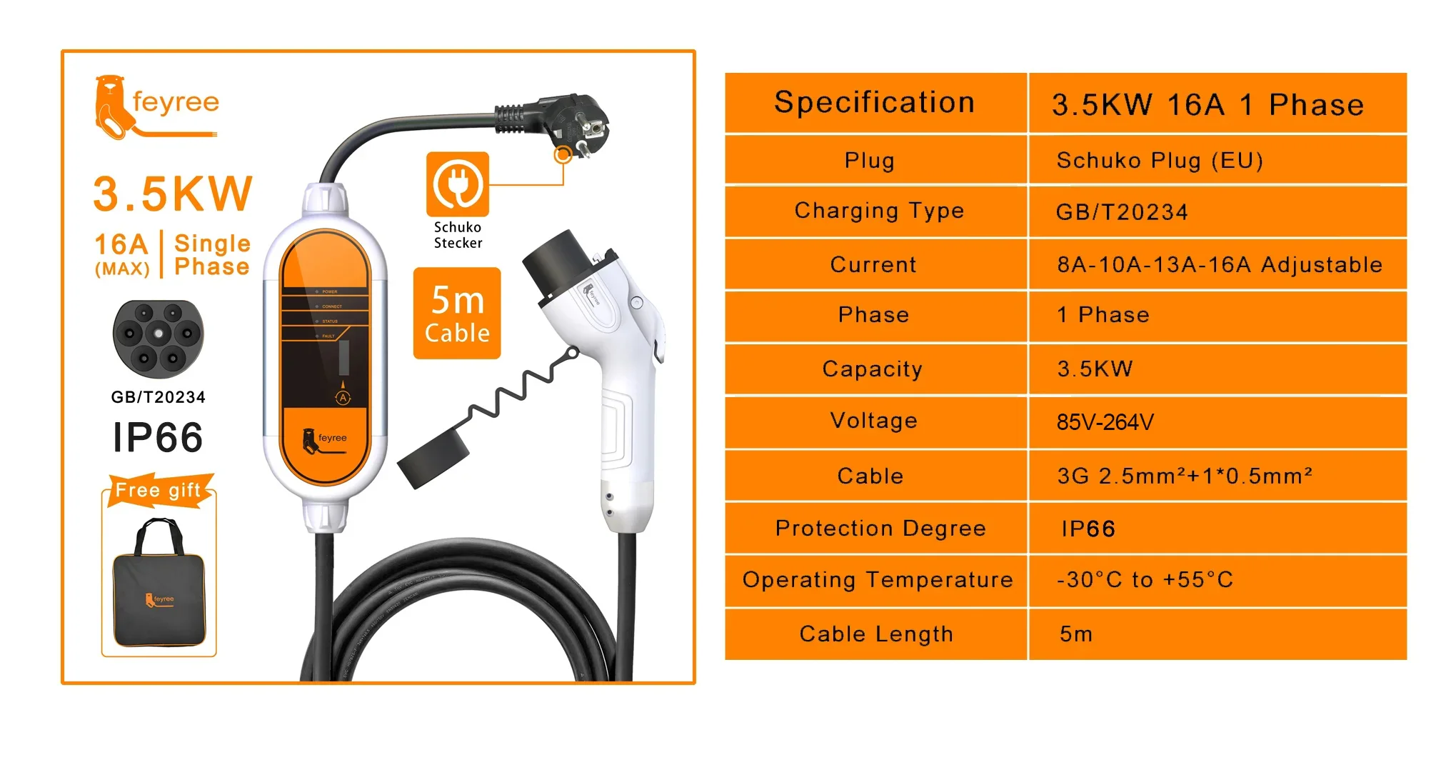 Feyree Type2 16A 3.5KW Portable EV Charger EVSE Charging Cable 5m with Schuko Plug Current Adjustable for Electric Car Charger