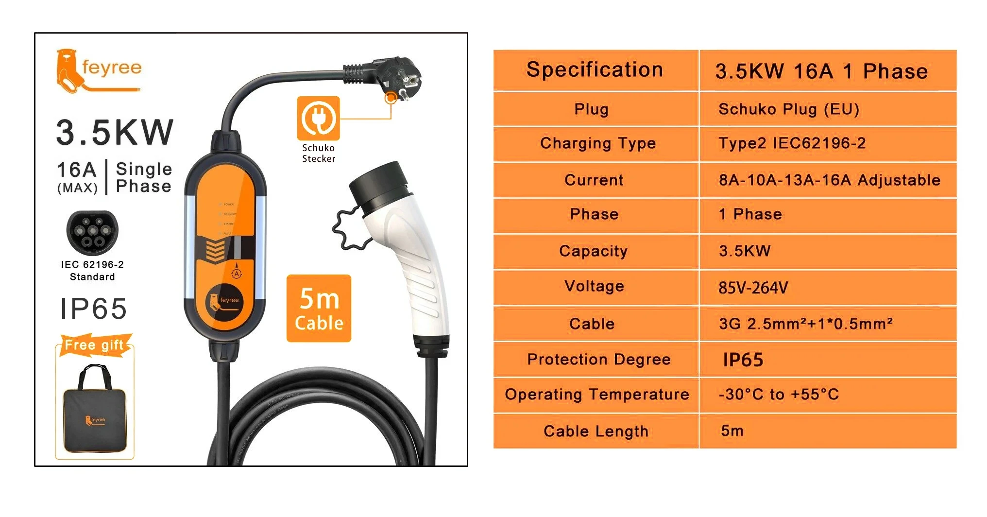 Feyree Type2 16A 3.5KW Portable EV Charger EVSE Charging Cable 5m with Schuko Plug Current Adjustable for Electric Car Charger