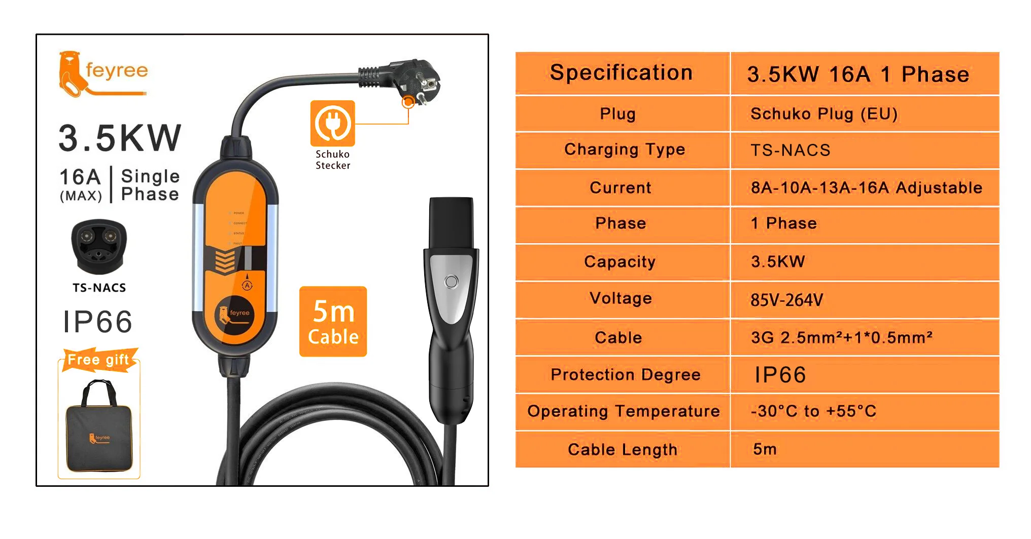 Feyree Type2 16A 3.5KW Portable EV Charger EVSE Charging Cable 5m with Schuko Plug Current Adjustable for Electric Car Charger