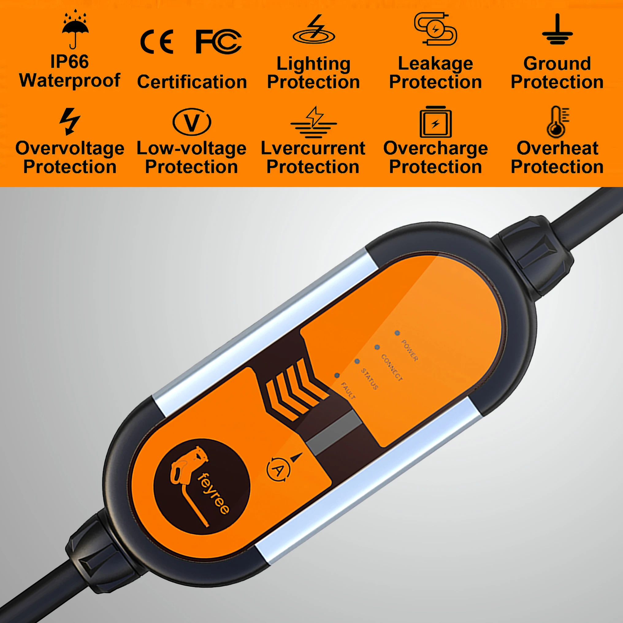 Feyree Type2 16A 3.5KW Portable EV Charger EVSE Charging Cable 5m with Schuko Plug Current Adjustable for Electric Car Charger