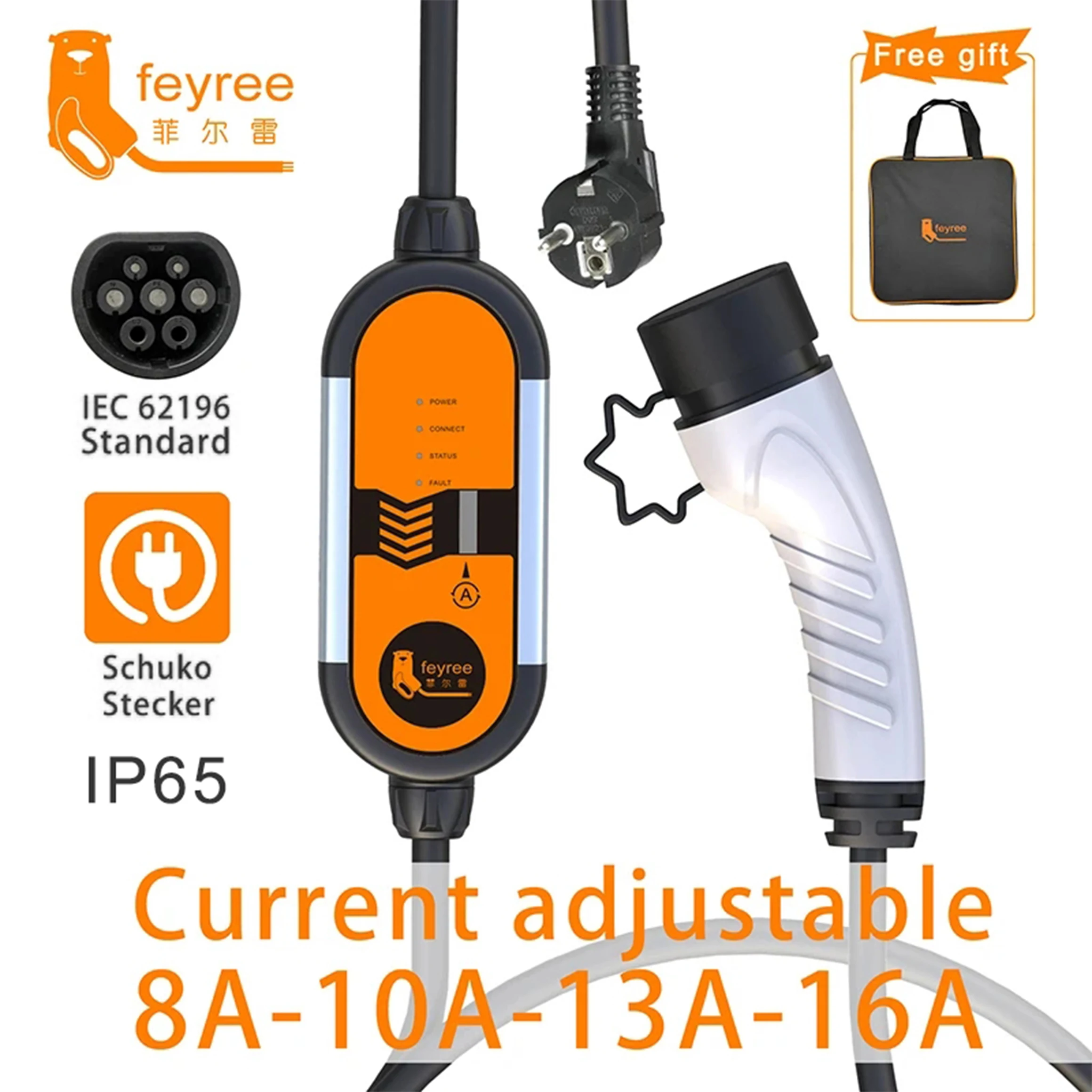 Feyree Type2 16A 3.5KW Portable EV Charger EVSE Charging Cable 5m with Schuko Plug Current Adjustable for Electric Car Charger