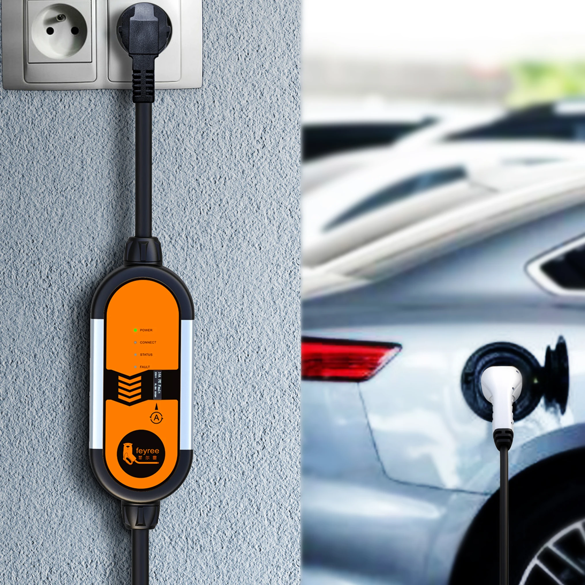 Feyree Type2 16A 3.5KW Portable EV Charger EVSE Charging Cable 5m with Schuko Plug Current Adjustable for Electric Car Charger