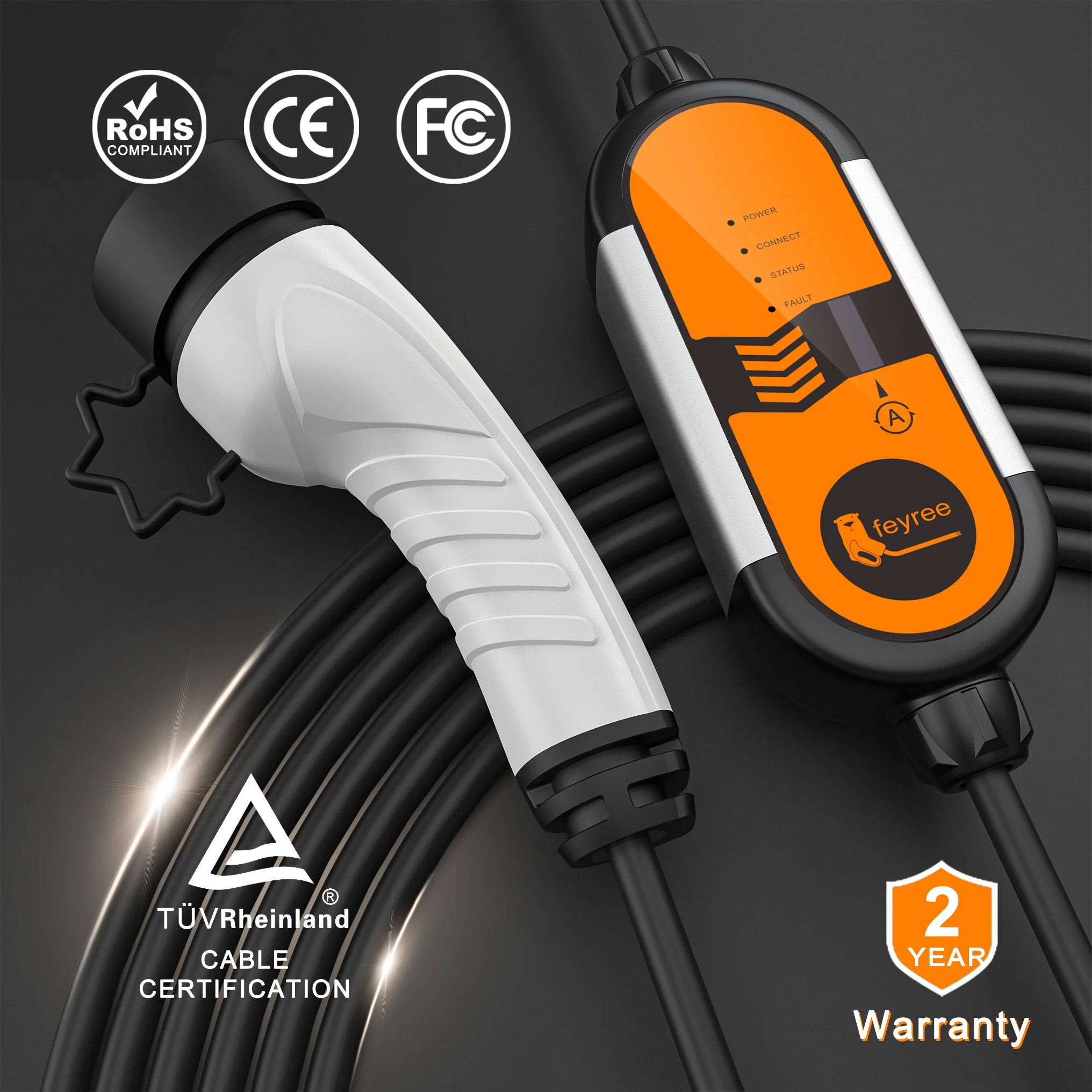 Feyree Type2 16A 3.5KW Portable EV Charger EVSE Charging Cable 5m with Schuko Plug Current Adjustable for Electric Car Charger