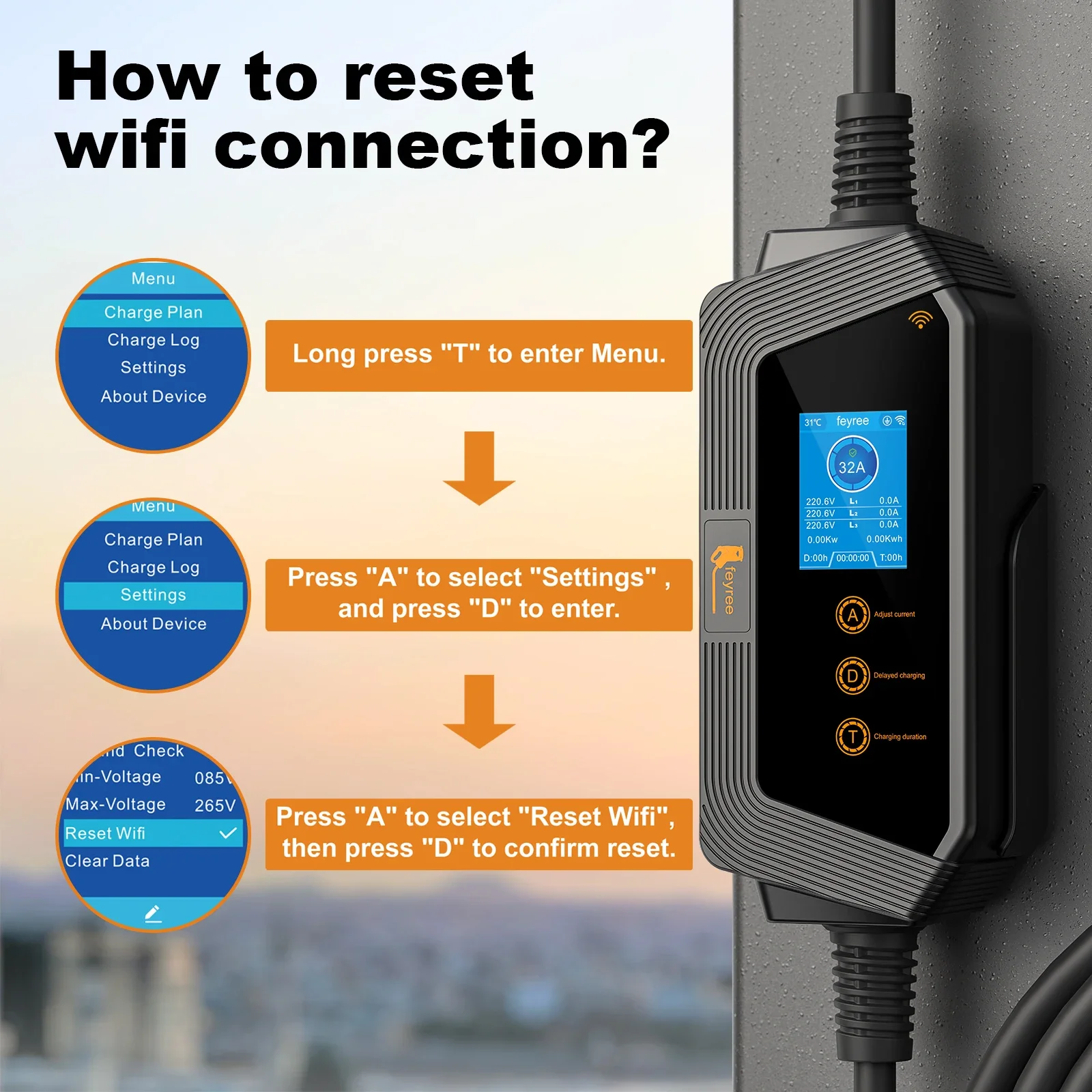 Feyree Type2 / Type1 / GBT / TS-NACS Socket 32A 7KW 1 Phase Smart APP Wi-Fi Control for Home & Outdoor Use