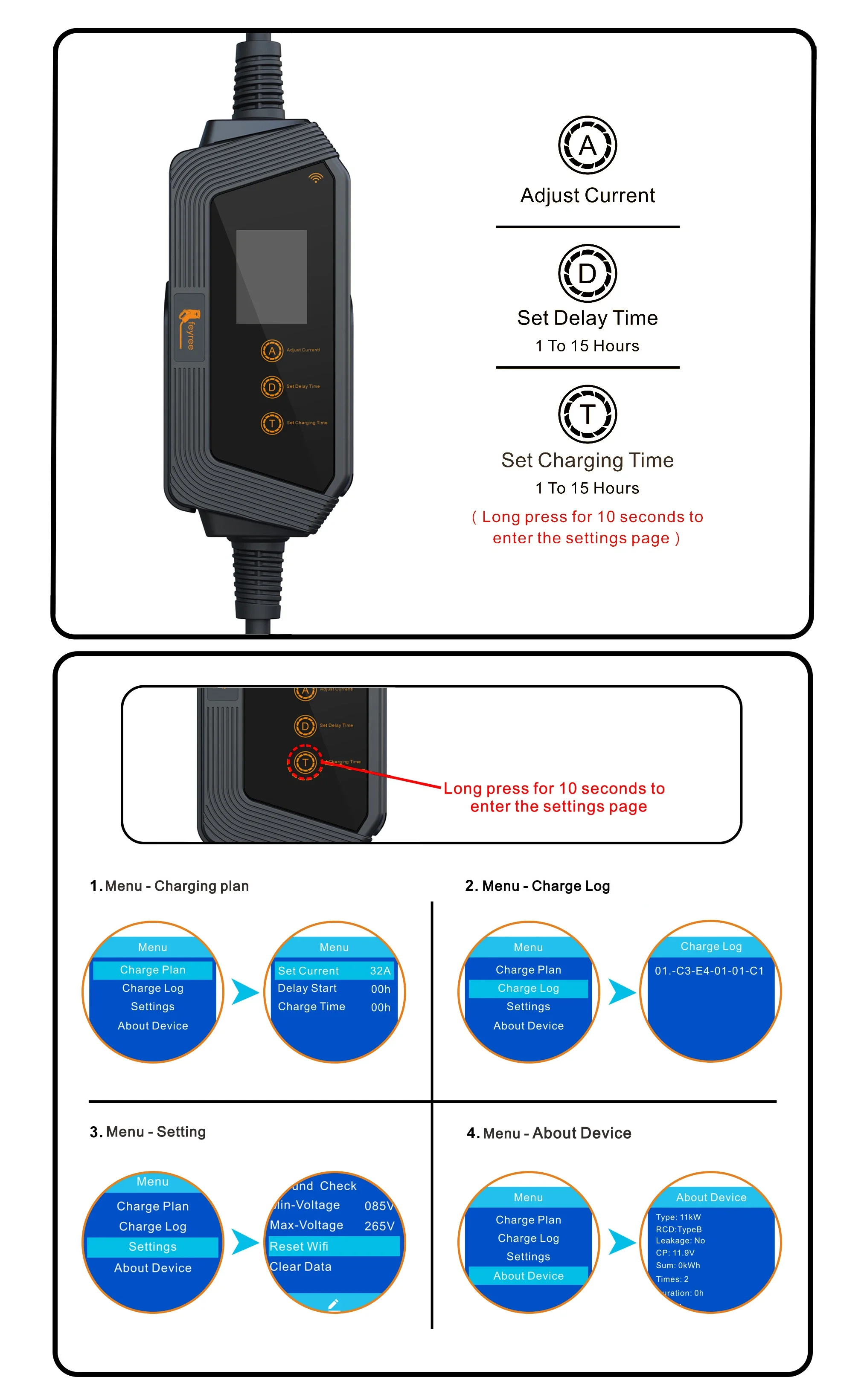 Feyree Type2 / Type1 / GBT / TS-NACS Socket 32A 7KW 1 Phase Smart APP Wi-Fi Control for Home & Outdoor Use