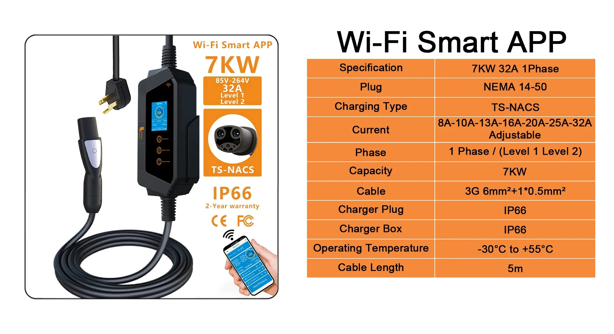 Feyree Type2 / Type1 / GBT / TS-NACS Socket 32A 7KW 1 Phase Smart APP Wi-Fi Control for Home & Outdoor Use