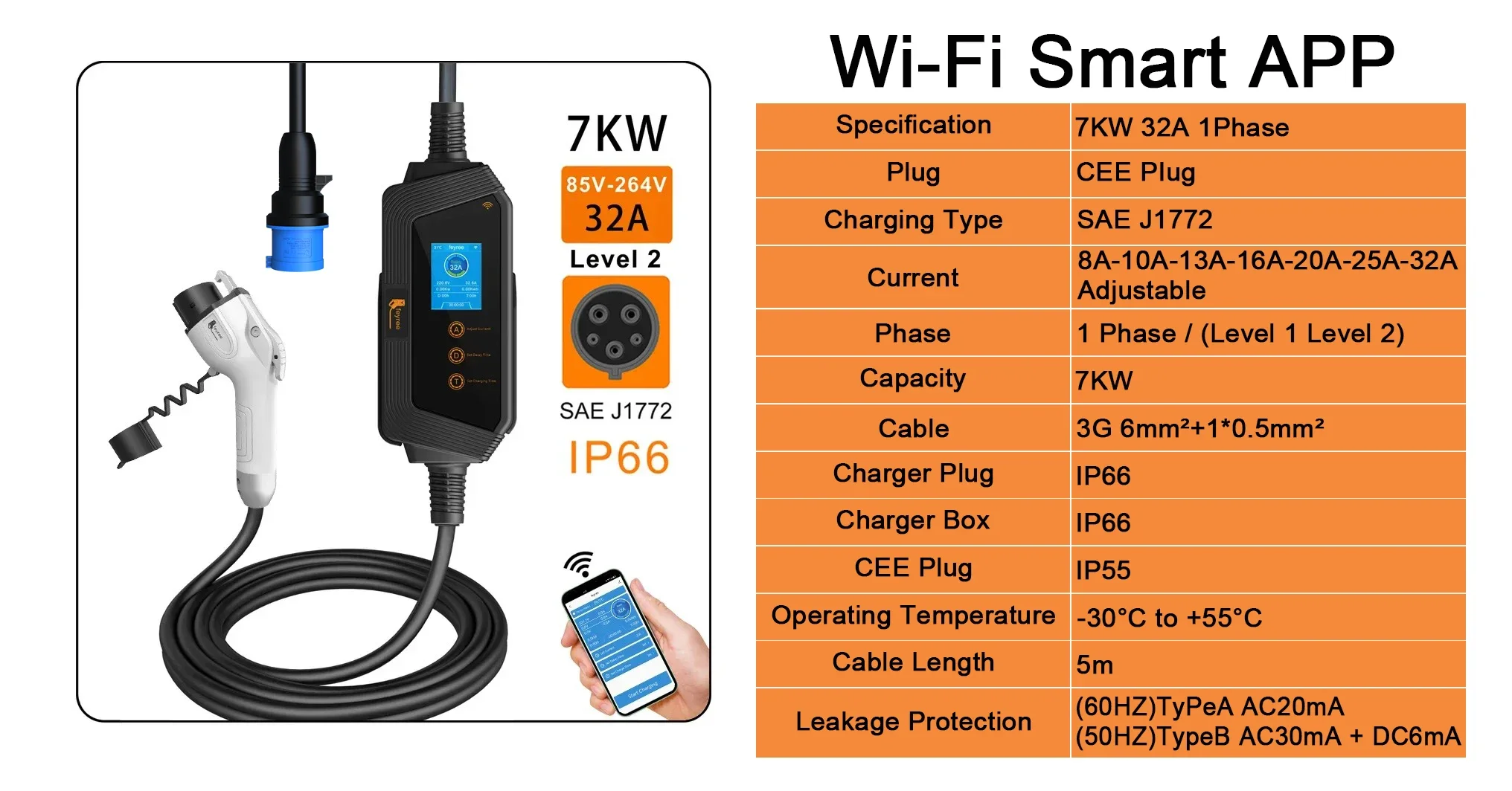 Feyree Type2 / Type1 / GBT / TS-NACS Socket 32A 7KW 1 Phase Smart APP Wi-Fi Control for Home & Outdoor Use
