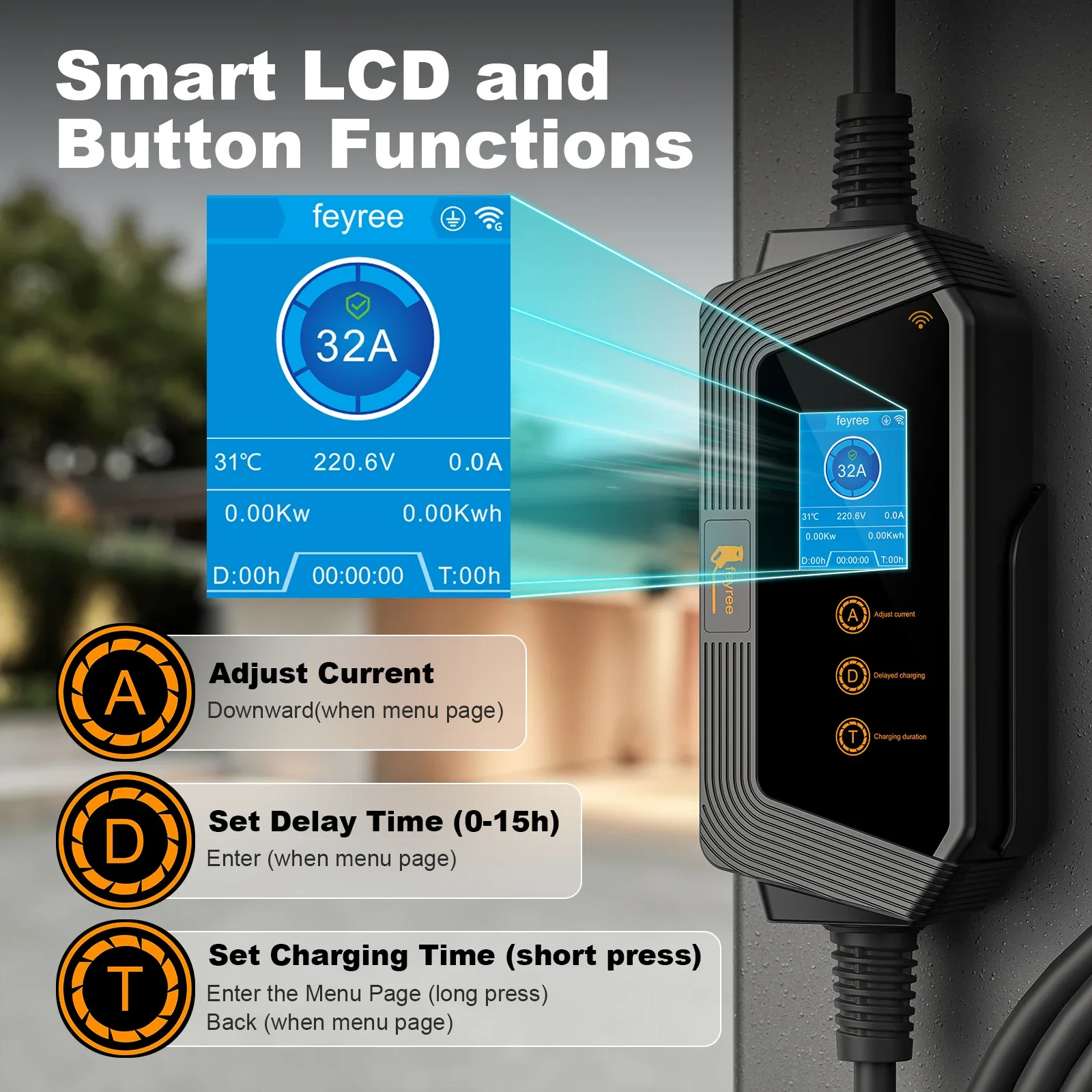 Feyree Type2 / Type1 / GBT / TS-NACS Socket 32A 7KW 1 Phase Smart APP Wi-Fi Control for Home & Outdoor Use