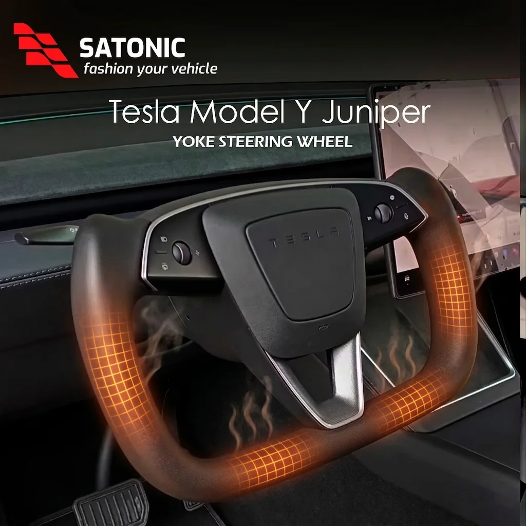SATONIC 350mm Heated Sports Yoke Handle Steering Wheel For Tesla New Model Y Juniper YL Customized Nappa Leather