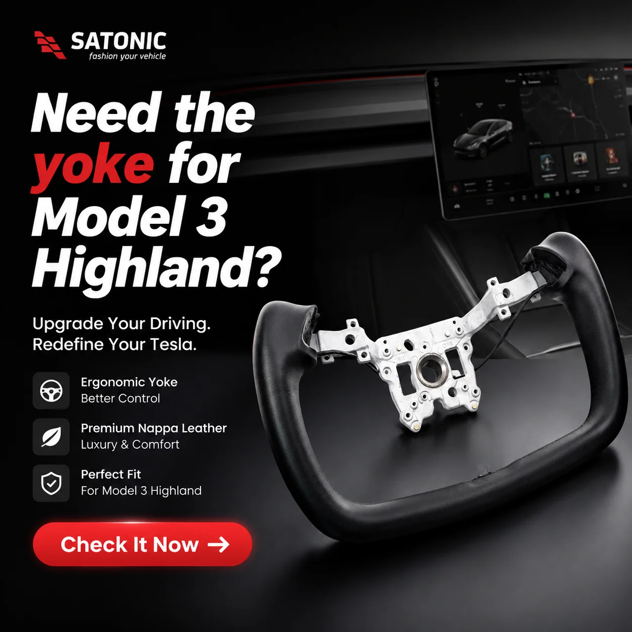 SATONIC 350mm Heated Sports Yoke Handle Steering Wheel For Tesla New Model Y Juniper YL Customized Nappa Leather