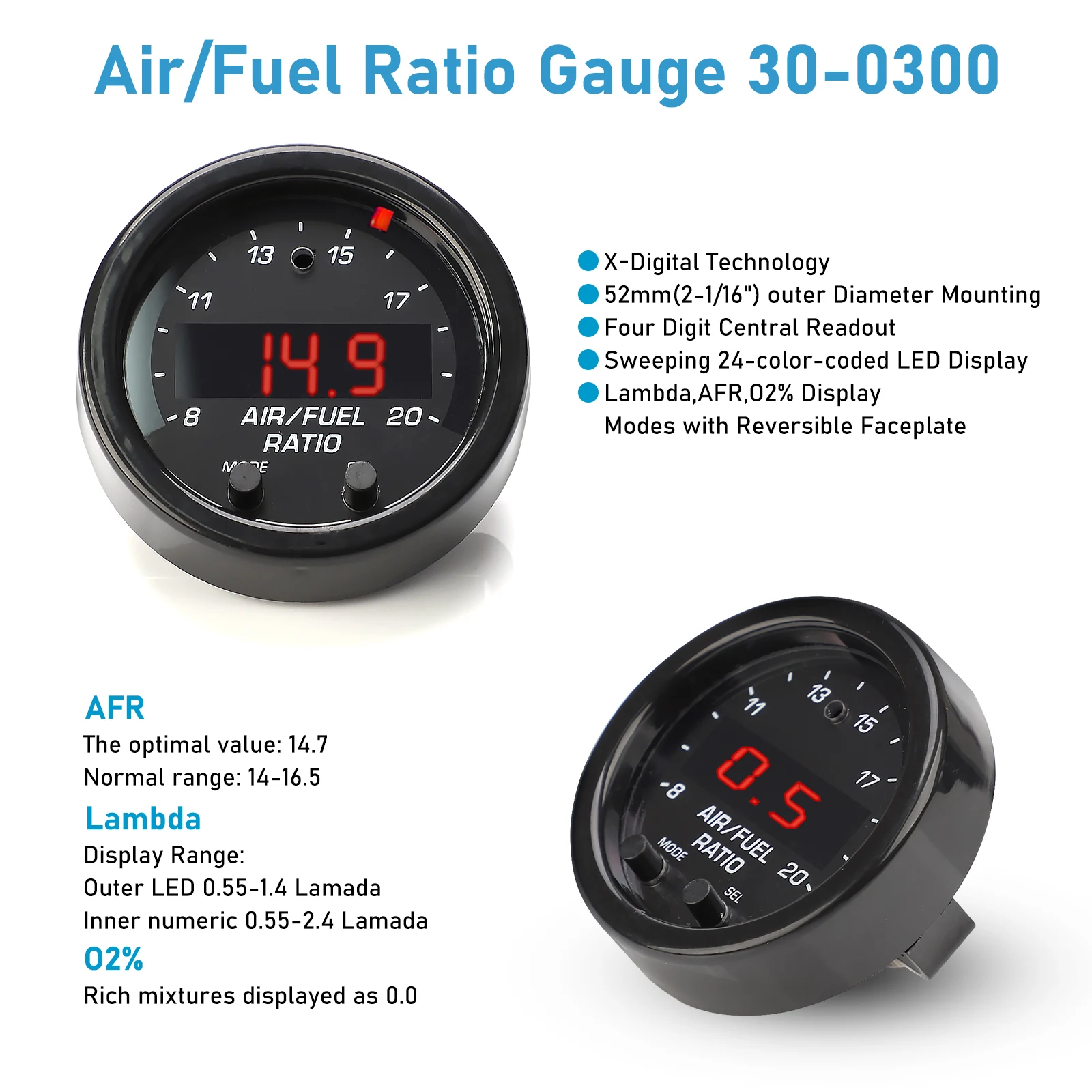 Car O2 Air Fuel Ratio Wide-band Gauge Kit For 30-0300 X-Series AFR Wideband LSU 4.9 Lambda Meter Oxygen Sensor Controller Gauge
