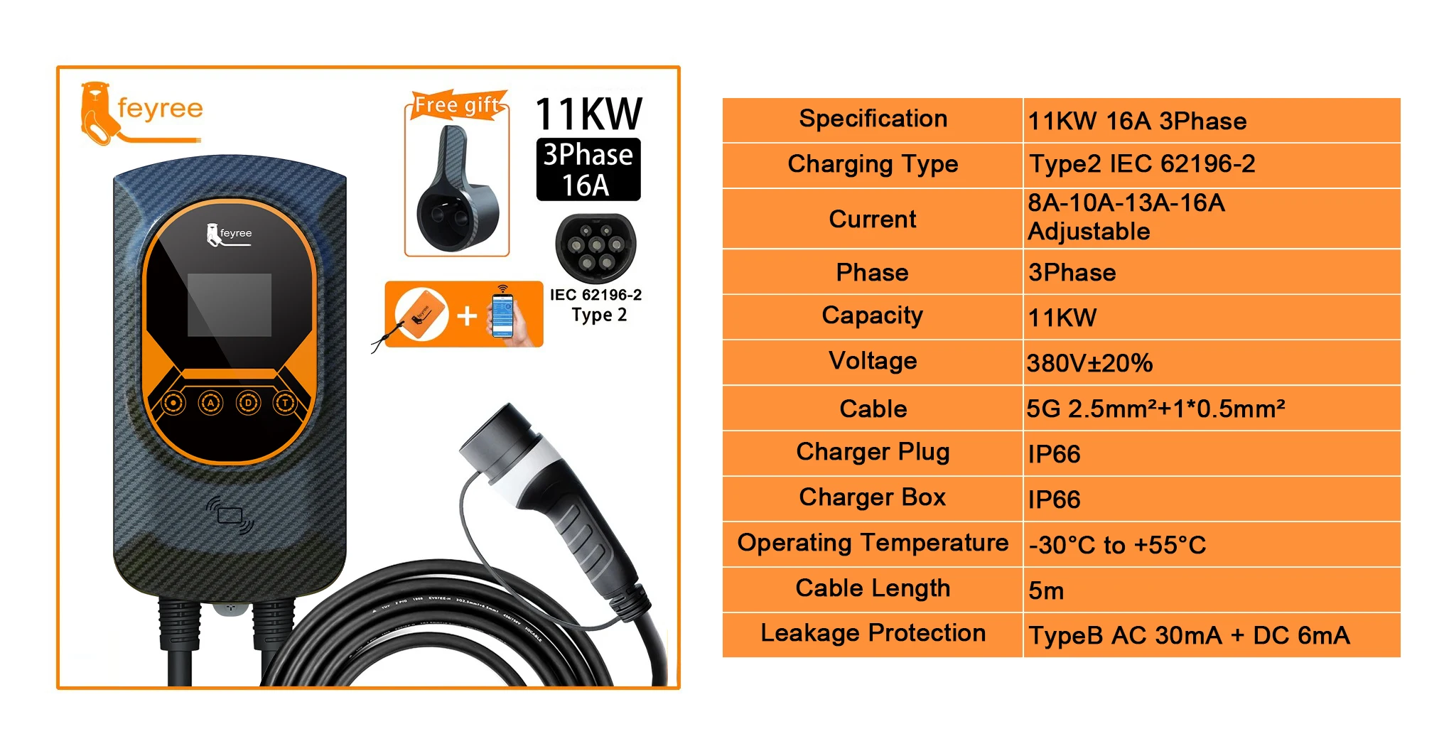 Feyree EV Charging Station 32A Electric Vehicle Car Charger EVSE Wallbox Wallmount 7.6/11/22KW Type2 Cable IEC62196 APP Control