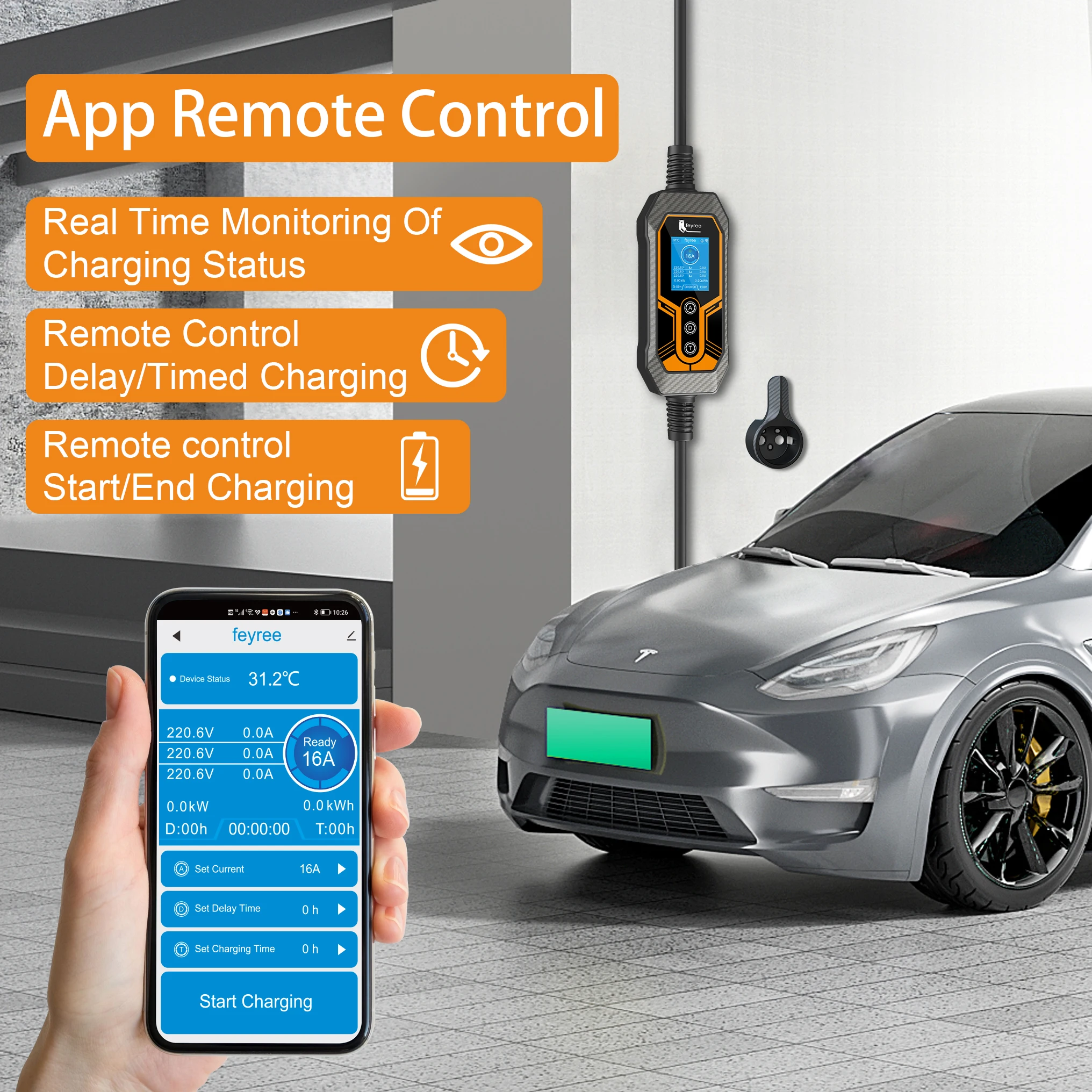 Feyree Type 2 Portable EV Charger 11KW 16A 3 Phase Wi-Fi APP Bluetooth Version EVSE Charging Cable 5m CEE Plug for Electric Car