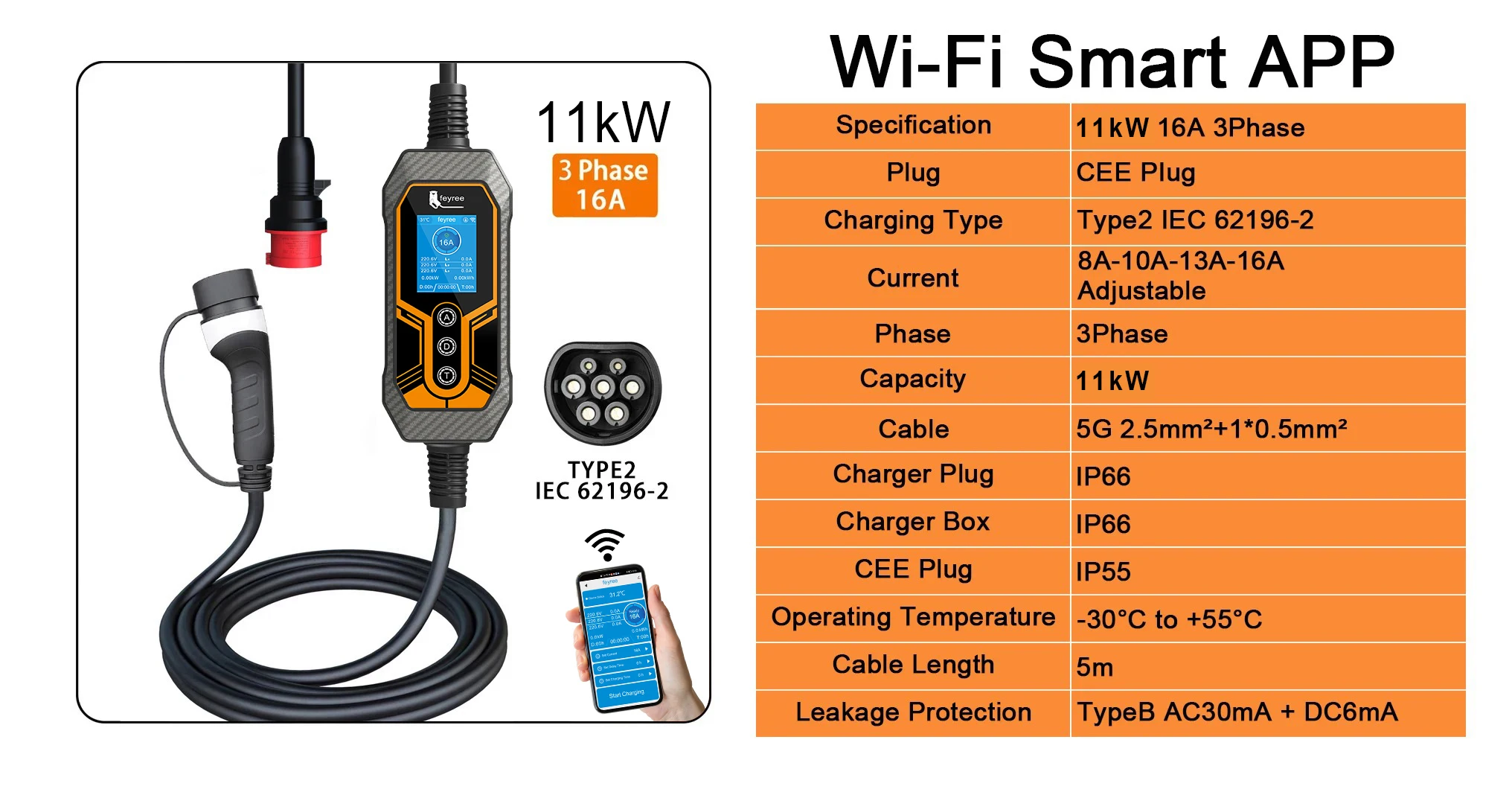 Feyree Type 2 Portable EV Charger 11KW 16A 3 Phase Wi-Fi APP Bluetooth Version EVSE Charging Cable 5m CEE Plug for Electric Car