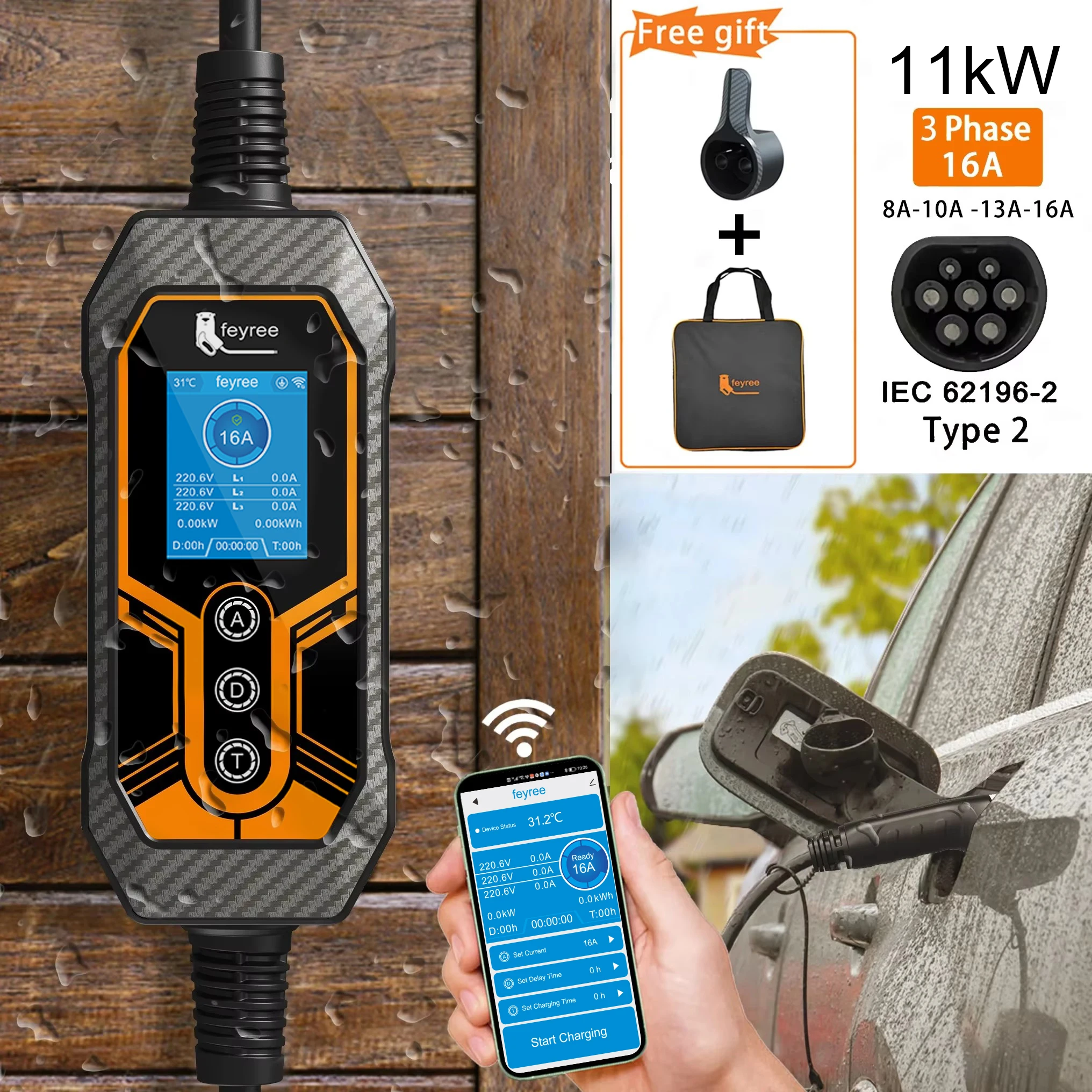 Feyree Type 2 Portable EV Charger 11KW 16A 3 Phase Wi-Fi APP Bluetooth Version EVSE Charging Cable 5m CEE Plug for Electric Car