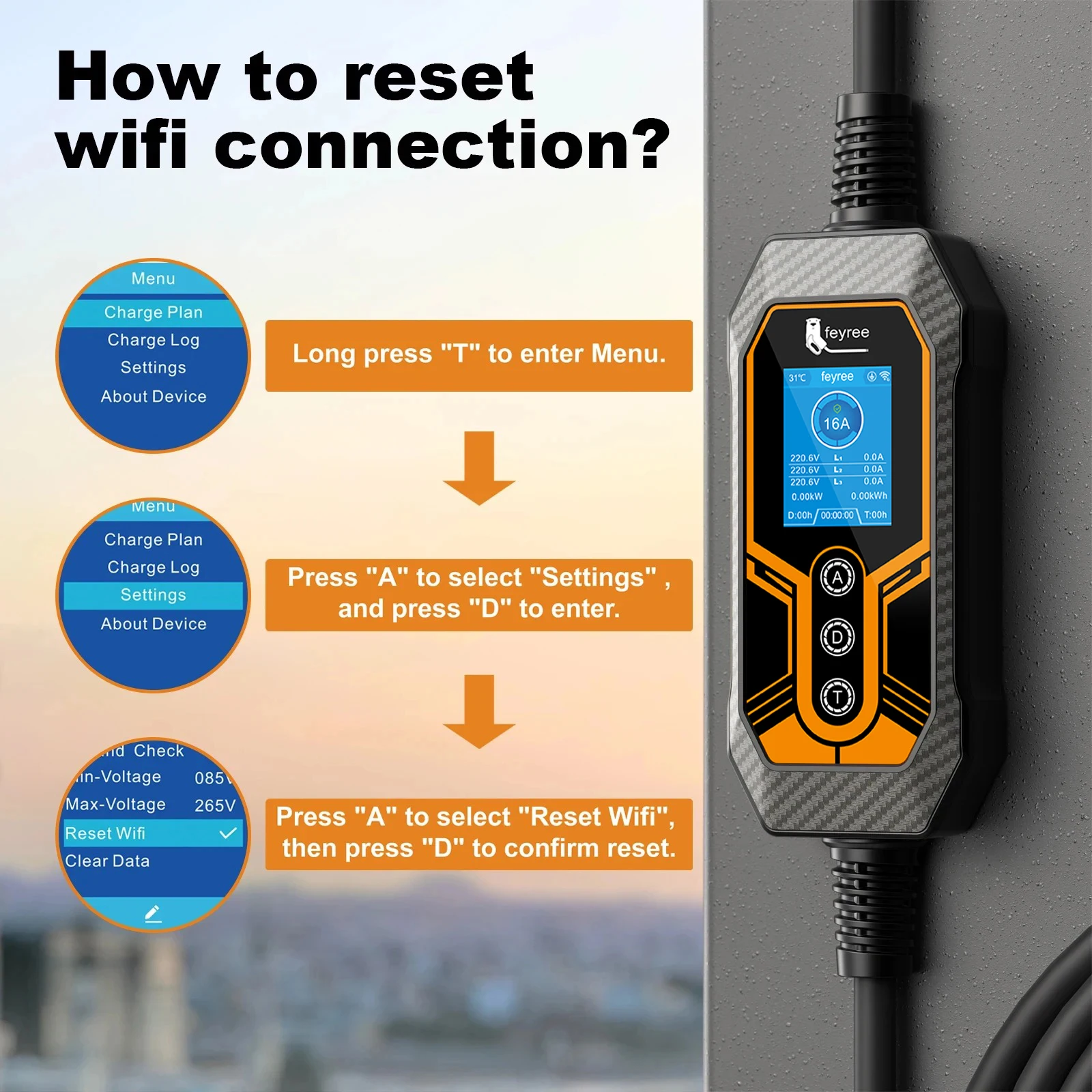 Feyree Type 2 Portable EV Charger 11KW 16A 3 Phase Wi-Fi APP Bluetooth Version EVSE Charging Cable 5m CEE Plug for Electric Car