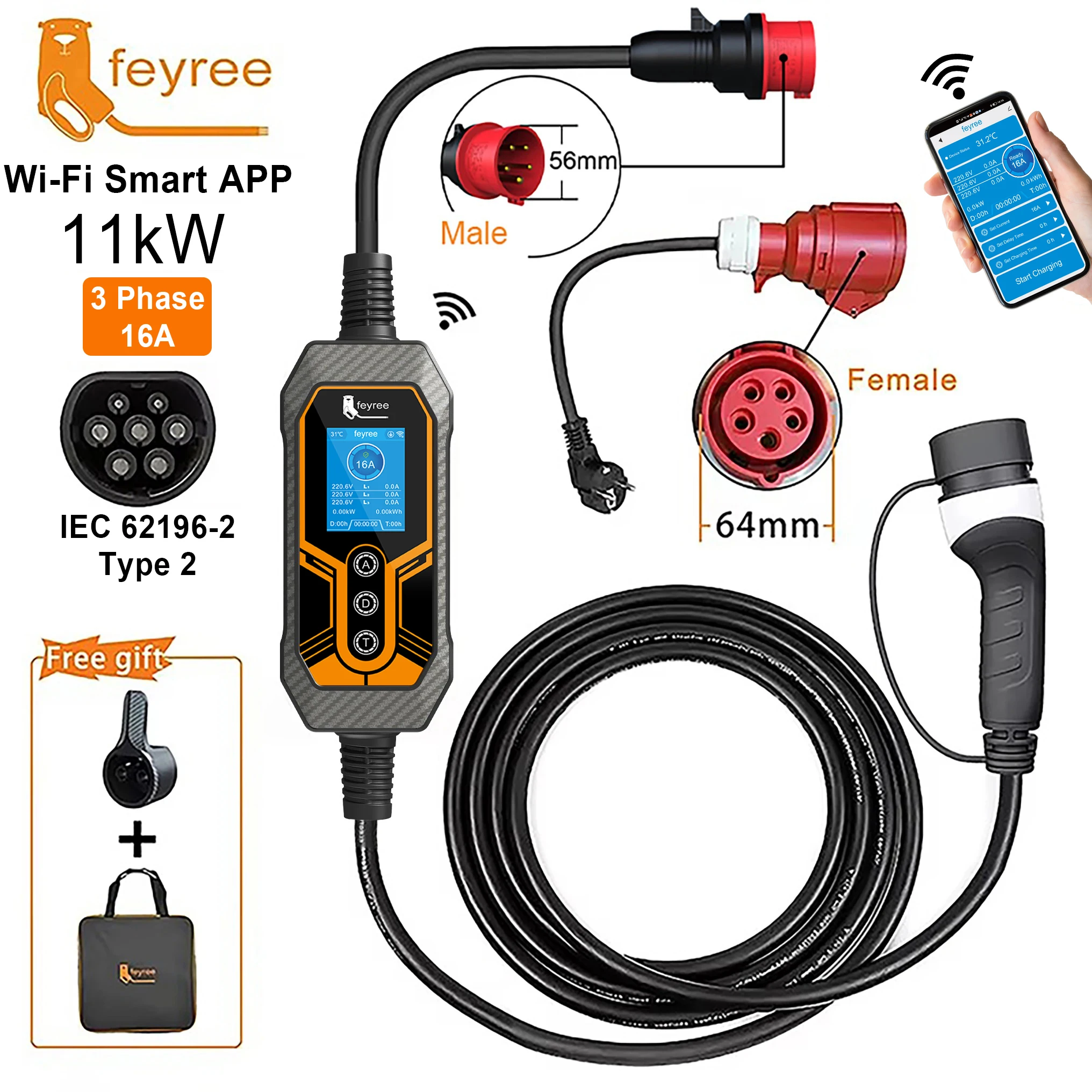 Feyree Type 2 Portable EV Charger 11KW 16A 3 Phase Wi-Fi APP Bluetooth Version EVSE Charging Cable 5m CEE Plug for Electric Car