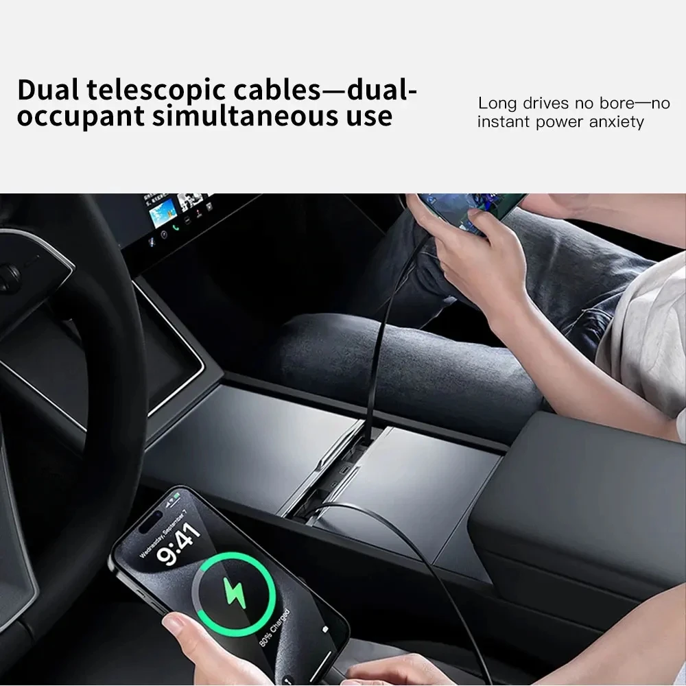 65W USB Hub for Tesla Model Y Juniper 2026 Fast Charger Model 3 Highland Charger Hub 4-Ports Retractable Phone Charger USB Hub
