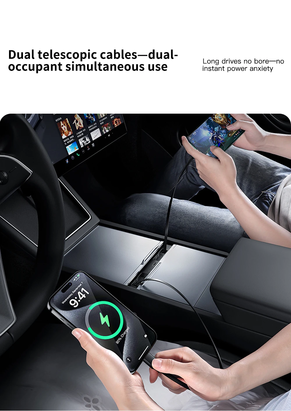 65W USB Hub for Tesla Model Y Juniper 2026 Fast Charger Model 3 Highland Charger Hub 4-Ports Retractable Phone Charger USB Hub