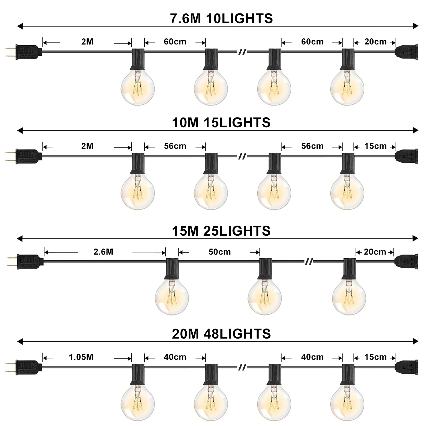 GANRILAND G40 Tungsten Outdoor String Light EU US Plug 7W Globe Edison Incandescent Lamp Bulbs Waterproof IP44 Fairy Light Chain