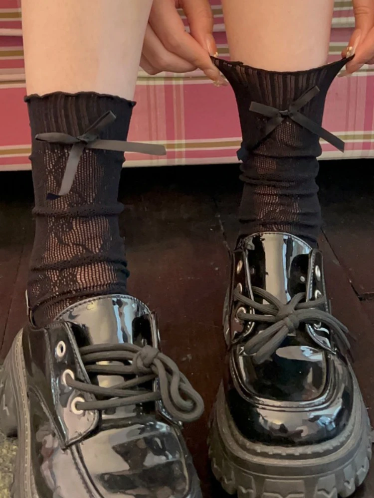 Women's New Solid Color Bowknot Thin Socks Ballet Style Hollow Ankle Socks Japanese Cute Lolita Mesh Breathable Lace Stockings