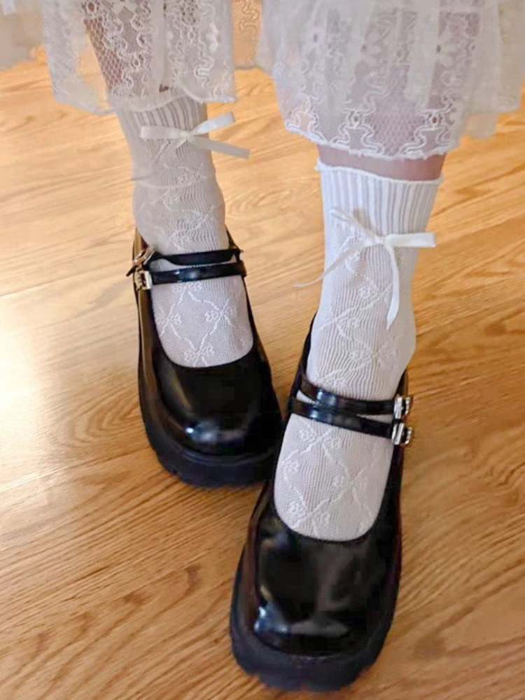Women's New Solid Color Bowknot Thin Socks Ballet Style Hollow Ankle Socks Japanese Cute Lolita Mesh Breathable Lace Stockings