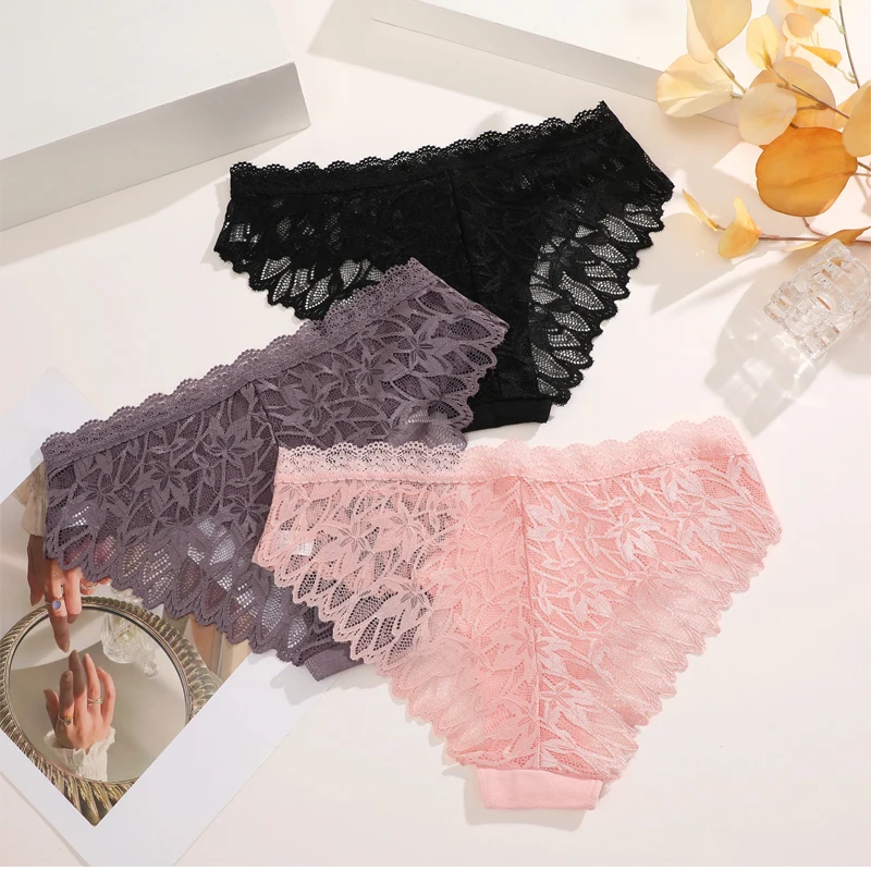 FINETOO 3Pcs Lace Hollow Out Underwear for Women Sexy Low-Waist Floral Briefs Female Invisible Breathable Lingerie Soft Intimate
