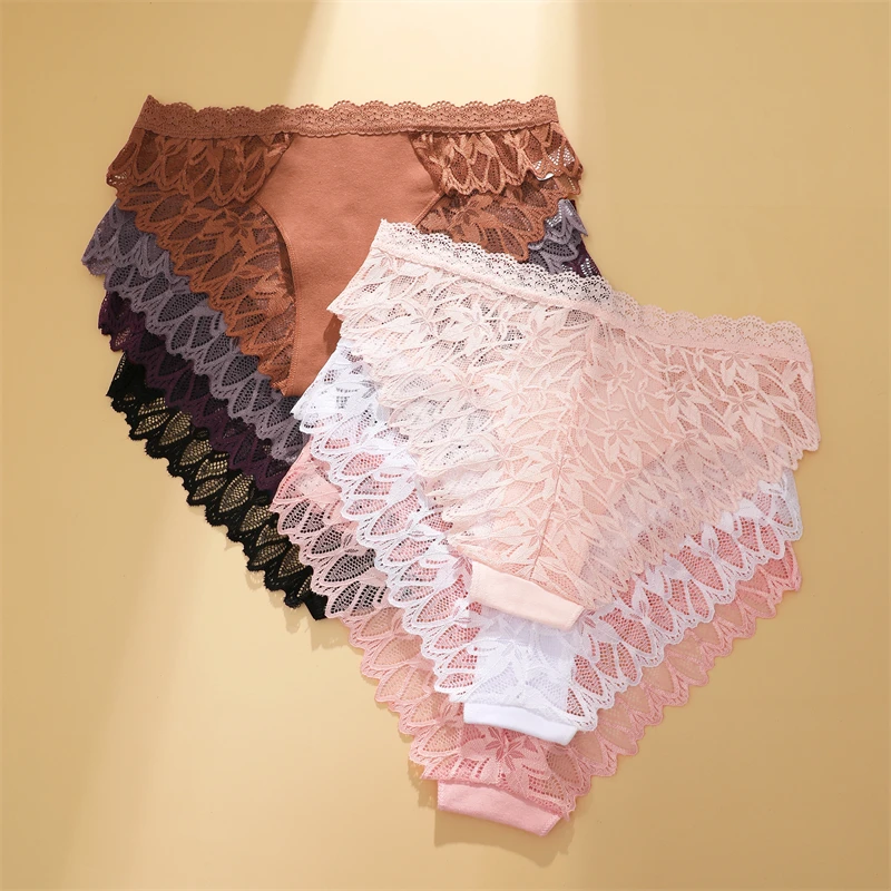 FINETOO 3Pcs Lace Hollow Out Underwear for Women Sexy Low-Waist Floral Briefs Female Invisible Breathable Lingerie Soft Intimate