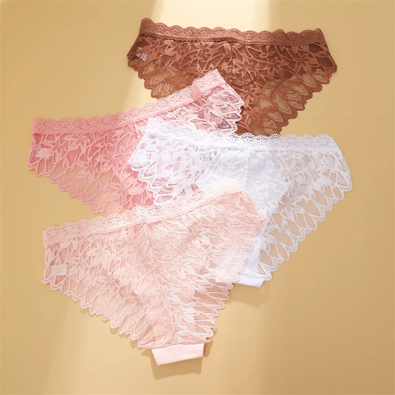 FINETOO 3Pcs Lace Hollow Out Underwear for Women Sexy Low-Waist Floral Briefs Female Invisible Breathable Lingerie Soft Intimate