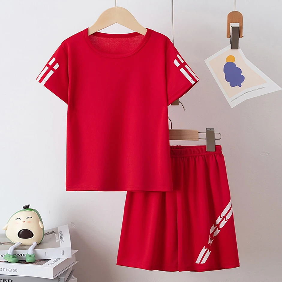 2/4 Pcs Boys' Summer Solid Color Quick Drying Breathable Set Big Kids' Loose Sports Running Hiking Outdoor Short Sleeved Shorts