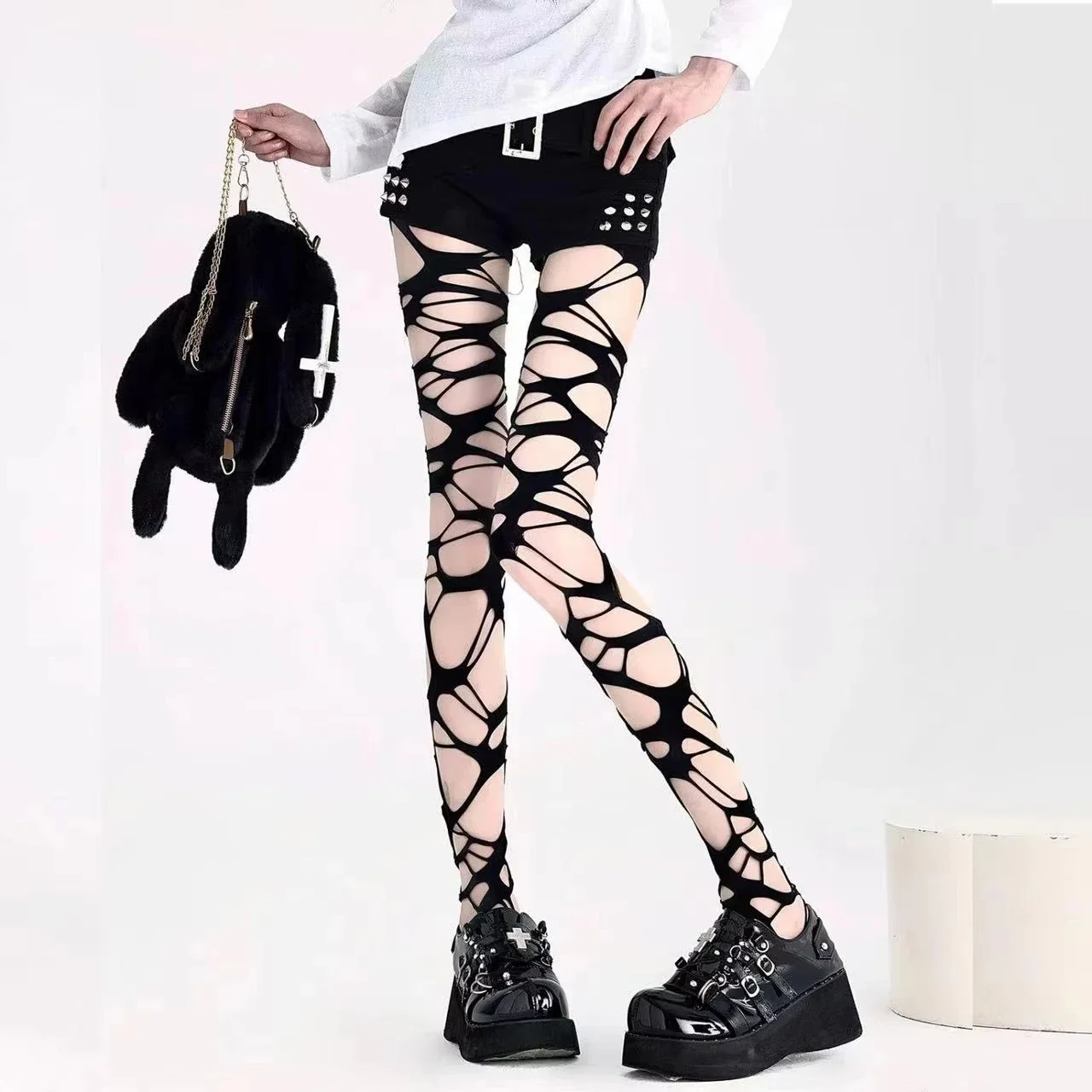 Sexy Black Ripped Fishnet Tights Women Gothic Punk Hollow Out Tight Mesh Pantyhose Stockings Leggings Emo Style Egirl Streetwear