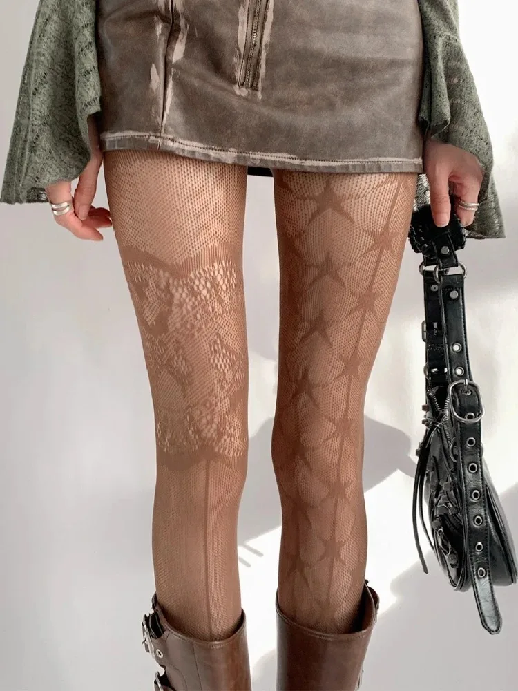 High Street New Designer Socks Punk Gothic Nylon Sexy Fishnet Stockings Mesh Hollowed Out Tights Women AB-style Stars Pantyhose