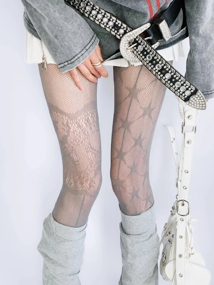 High Street New Designer Socks Punk Gothic Nylon Sexy Fishnet Stockings Mesh Hollowed Out Tights Women AB-style Stars Pantyhose