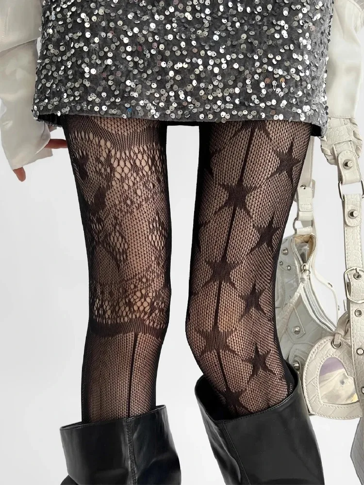 High Street New Designer Socks Punk Gothic Nylon Sexy Fishnet Stockings Mesh Hollowed Out Tights Women AB-style Stars Pantyhose