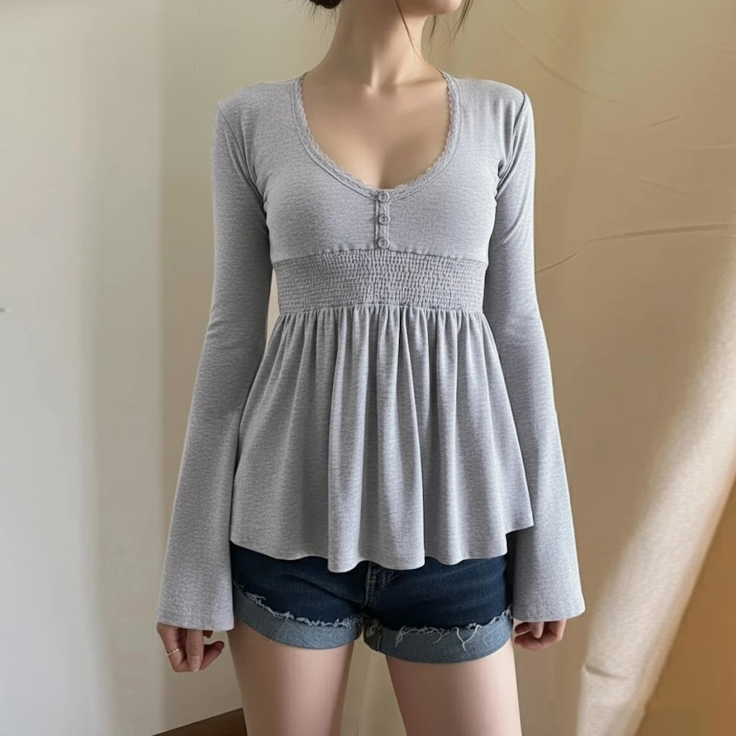 SUCHCUTE Women Solid Lace Trim Patchwork Button Flared Sleeves Shirt Casual V Neck Knit Top Y2k Aesthetic Fall Clothes Fairycore