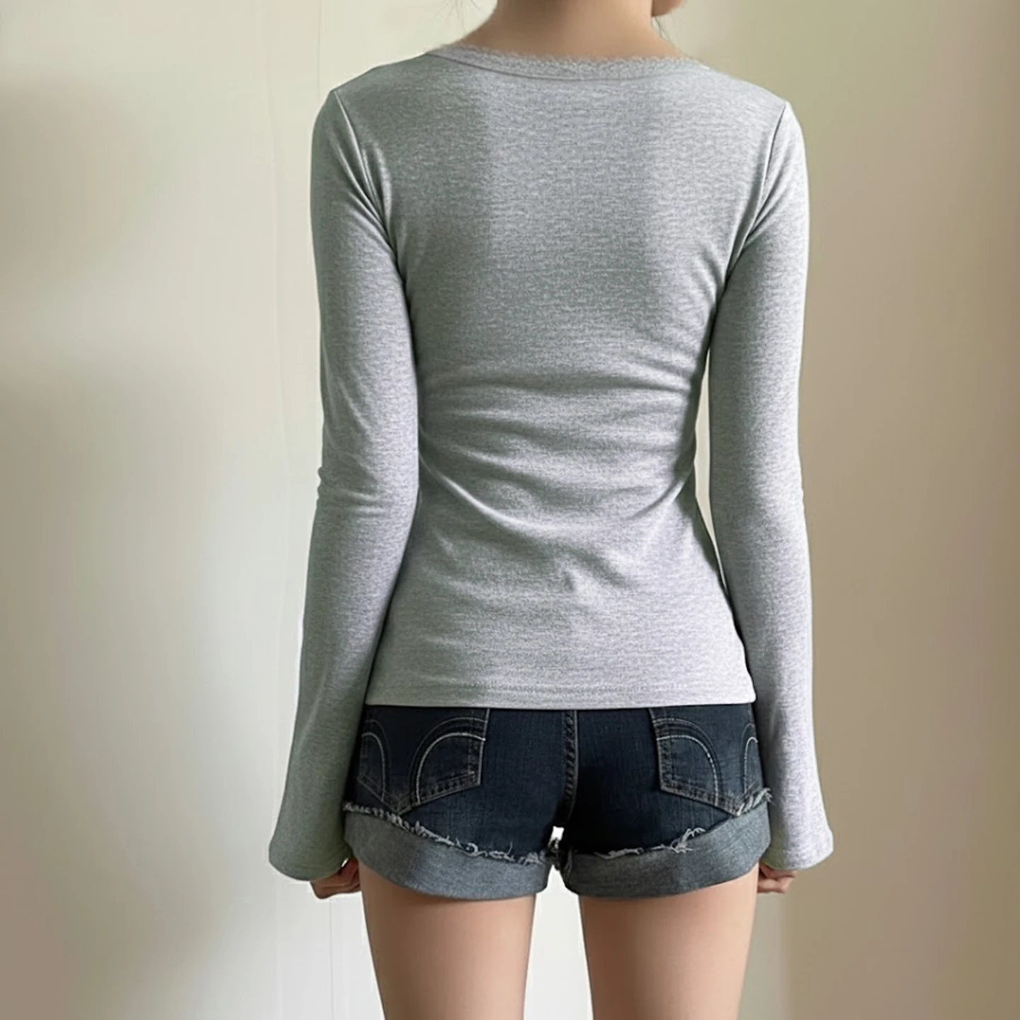 SUCHCUTE Women Solid Lace Trim Patchwork Button Flared Sleeves Shirt Casual V Neck Knit Top Y2k Aesthetic Fall Clothes Fairycore