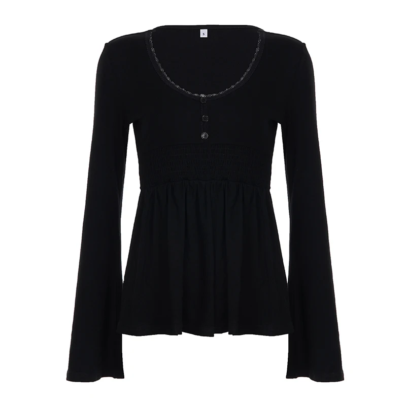 SUCHCUTE Women Solid Lace Trim Patchwork Button Flared Sleeves Shirt Casual V Neck Knit Top Y2k Aesthetic Fall Clothes Fairycore